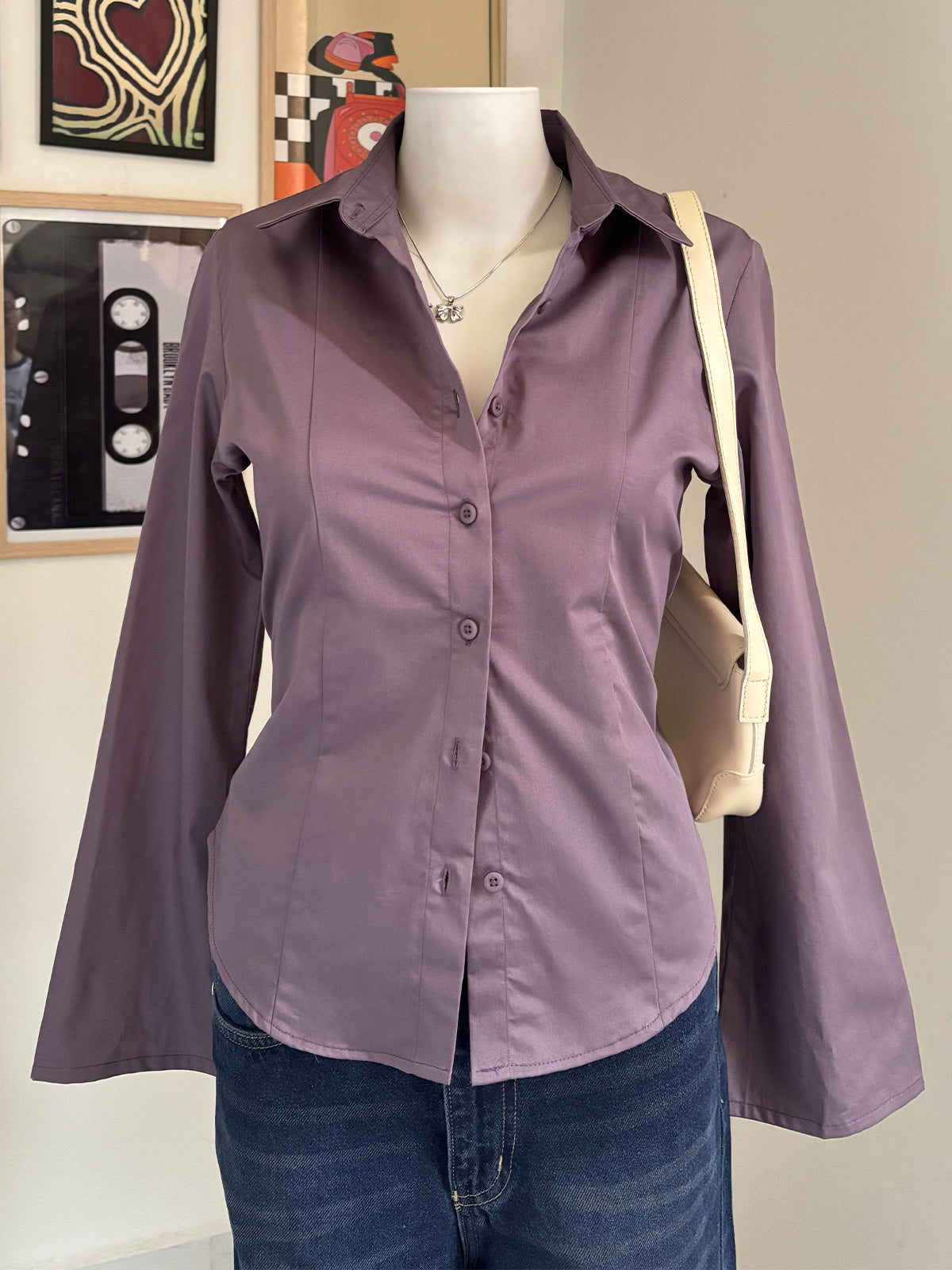Dusty Mauve Flared Sleeve Y2K Fitted Shirt