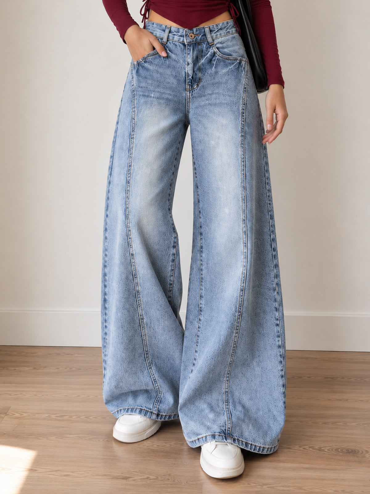 French Blue Panelled Washed Super Wide Leg Jeans