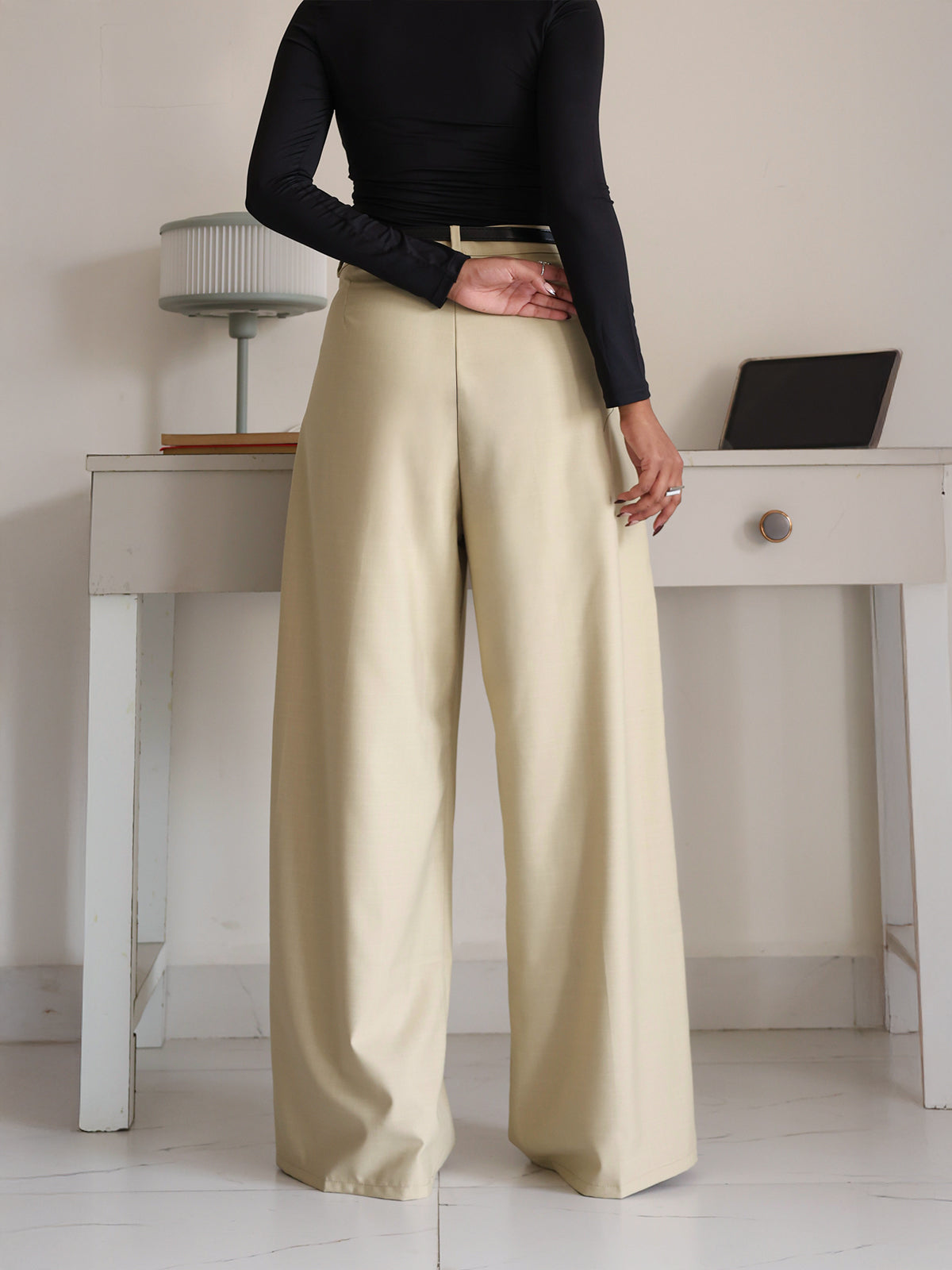 Vanilla Beige Belted Wide Leg Korean Pant