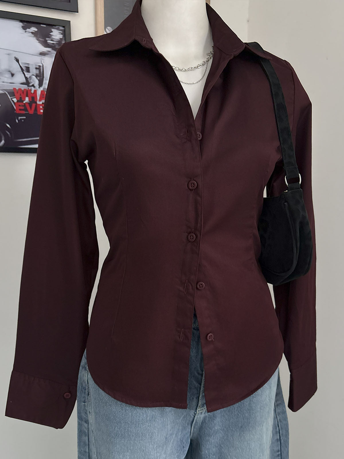 Chocolate Brown Long Sleeve Y2K Fitted Shirt