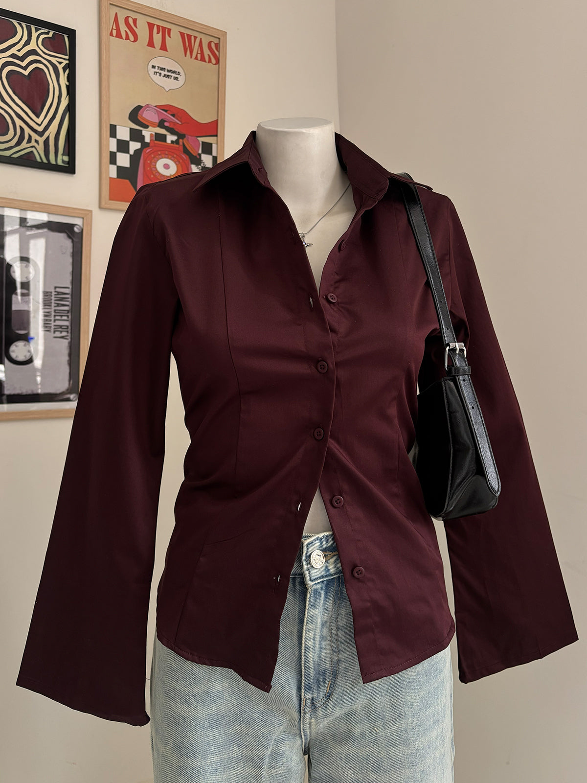 Deep Cherry Flared Sleeve Y2K Fitted Shirt