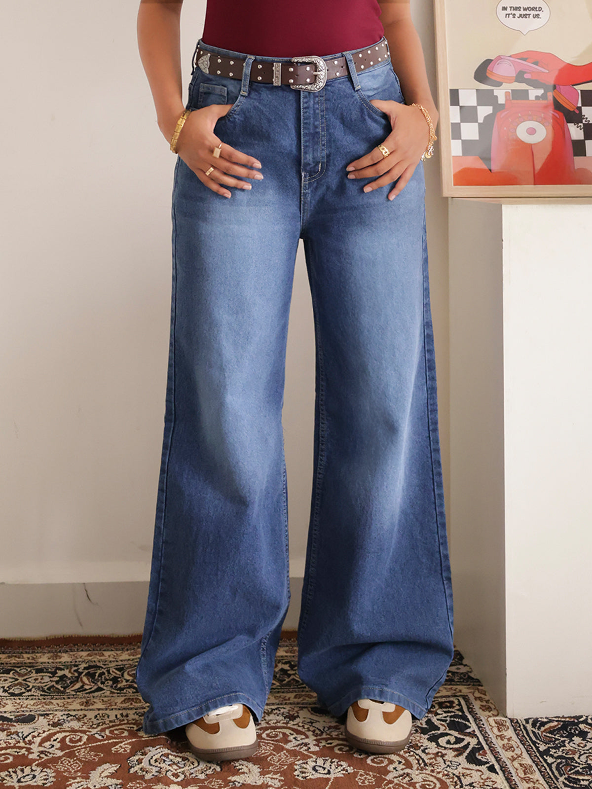 Luxe Drip Blue Washed Stretchable Wide Leg Jeans