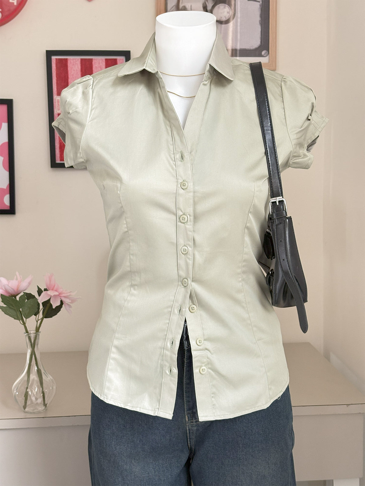Sage Green Short Sleeve Y2K Fitted Shirt