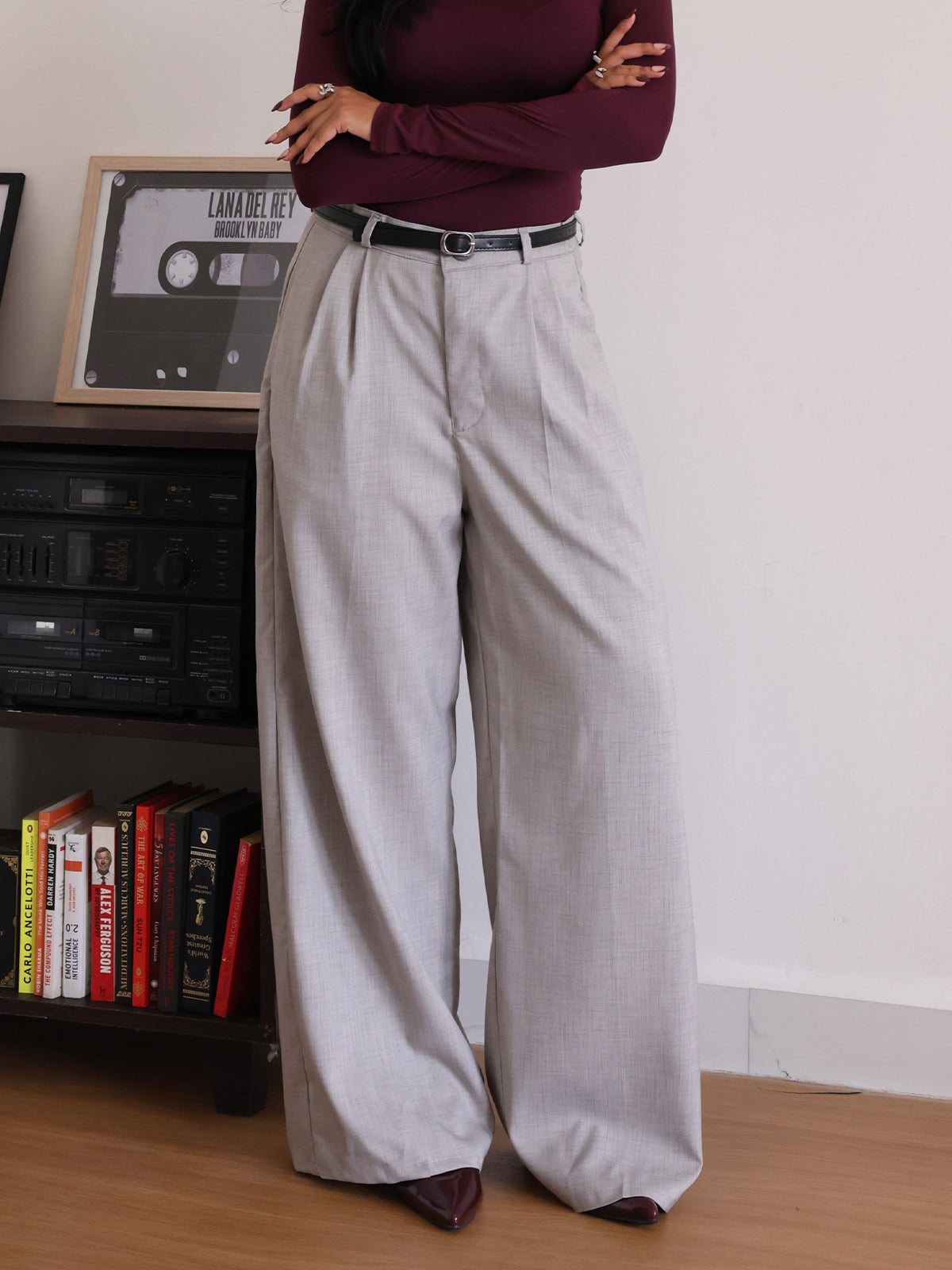 Oat Milk Belted Wide Leg Korean Pant