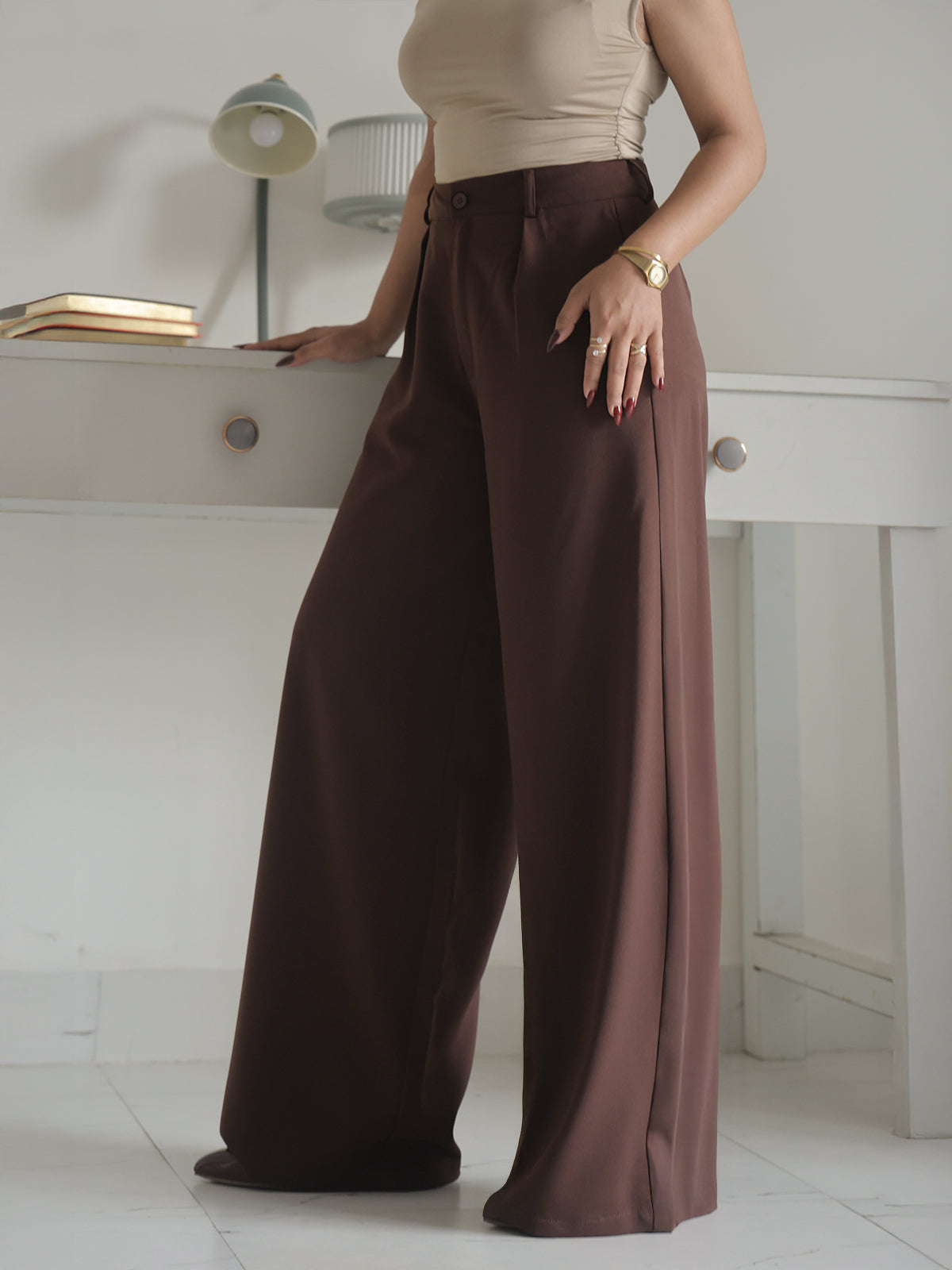Chocolate Brown Pleated Wide Leg Korean Pants