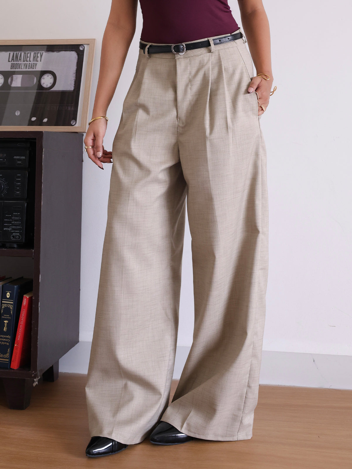 Walnut Brown Belted Wide Leg Korean Pant