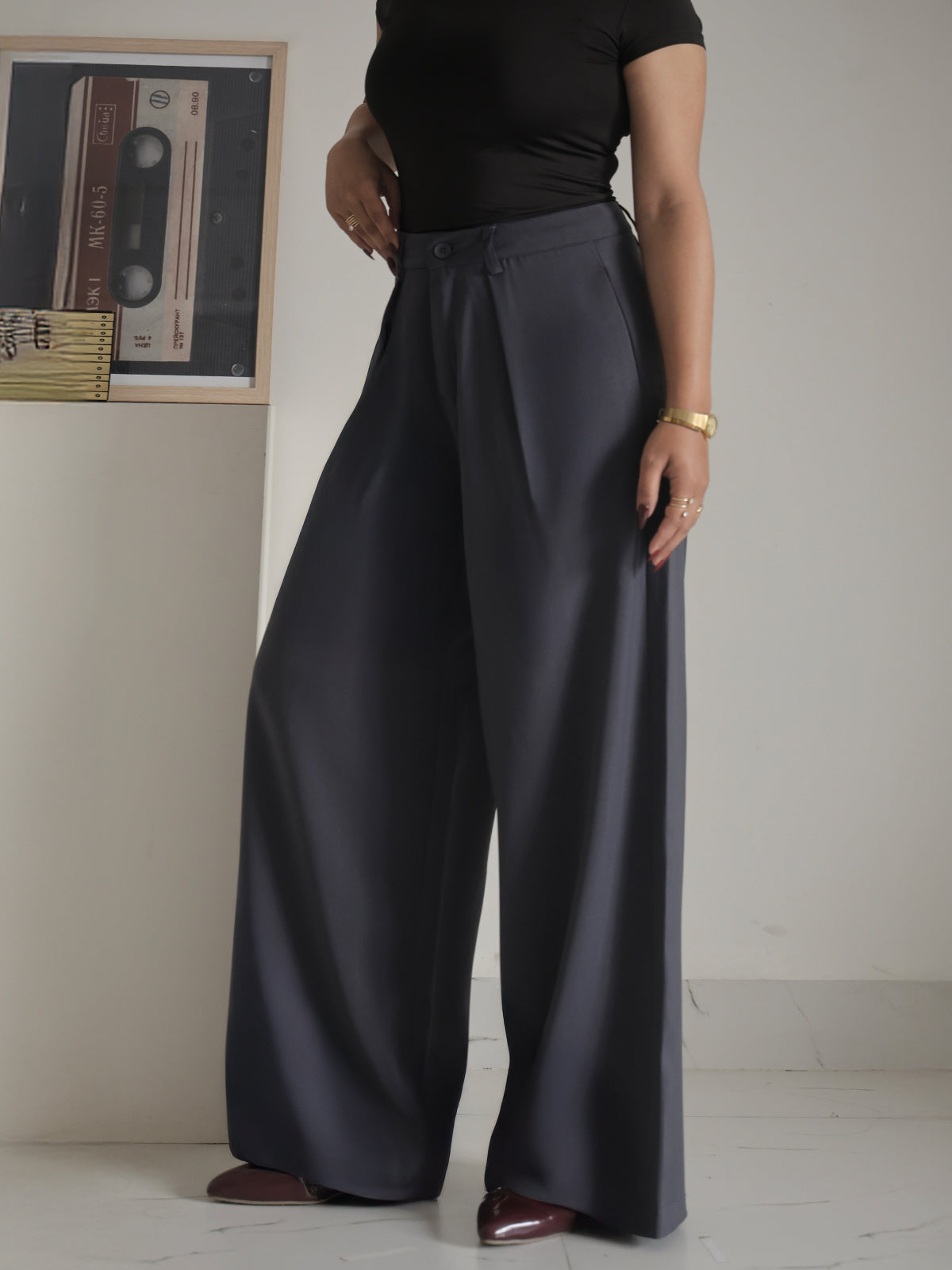 Ash Grey Pleated Wide Leg Korean Pants