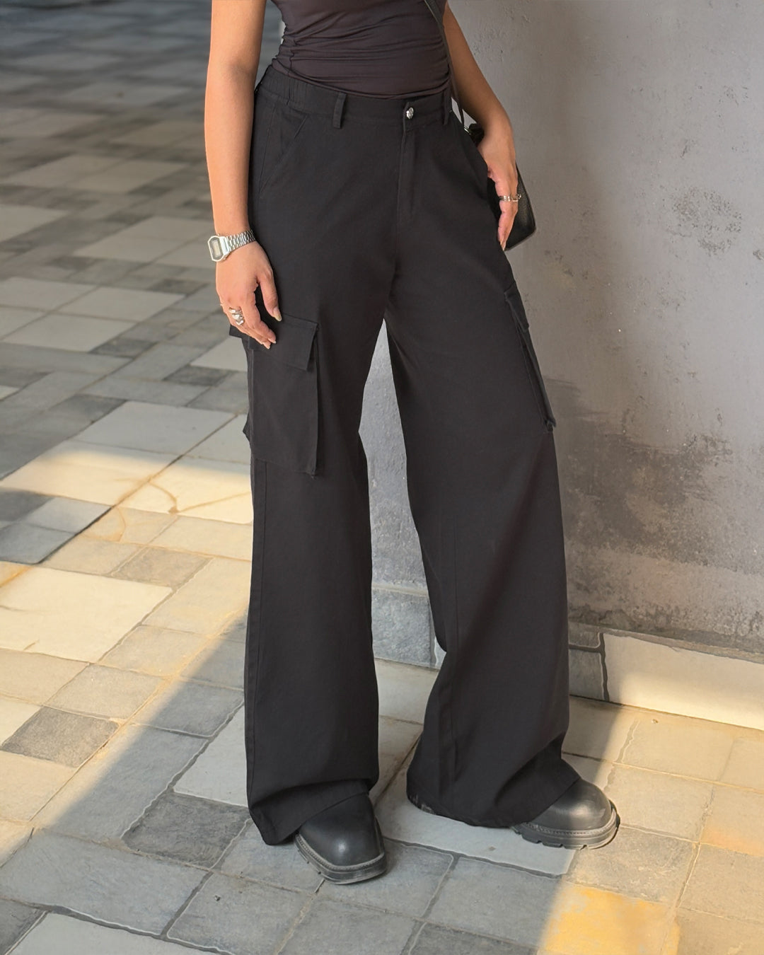 Black Baggy Cotton Cargo Pants
