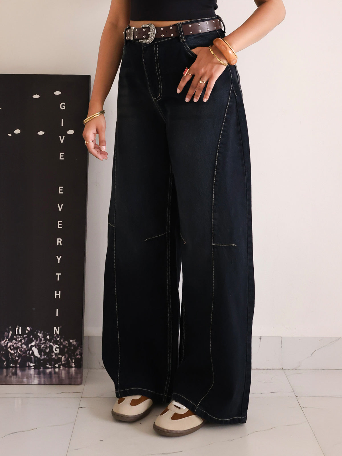 Eclipse Black Panelled Wide Leg Jeans