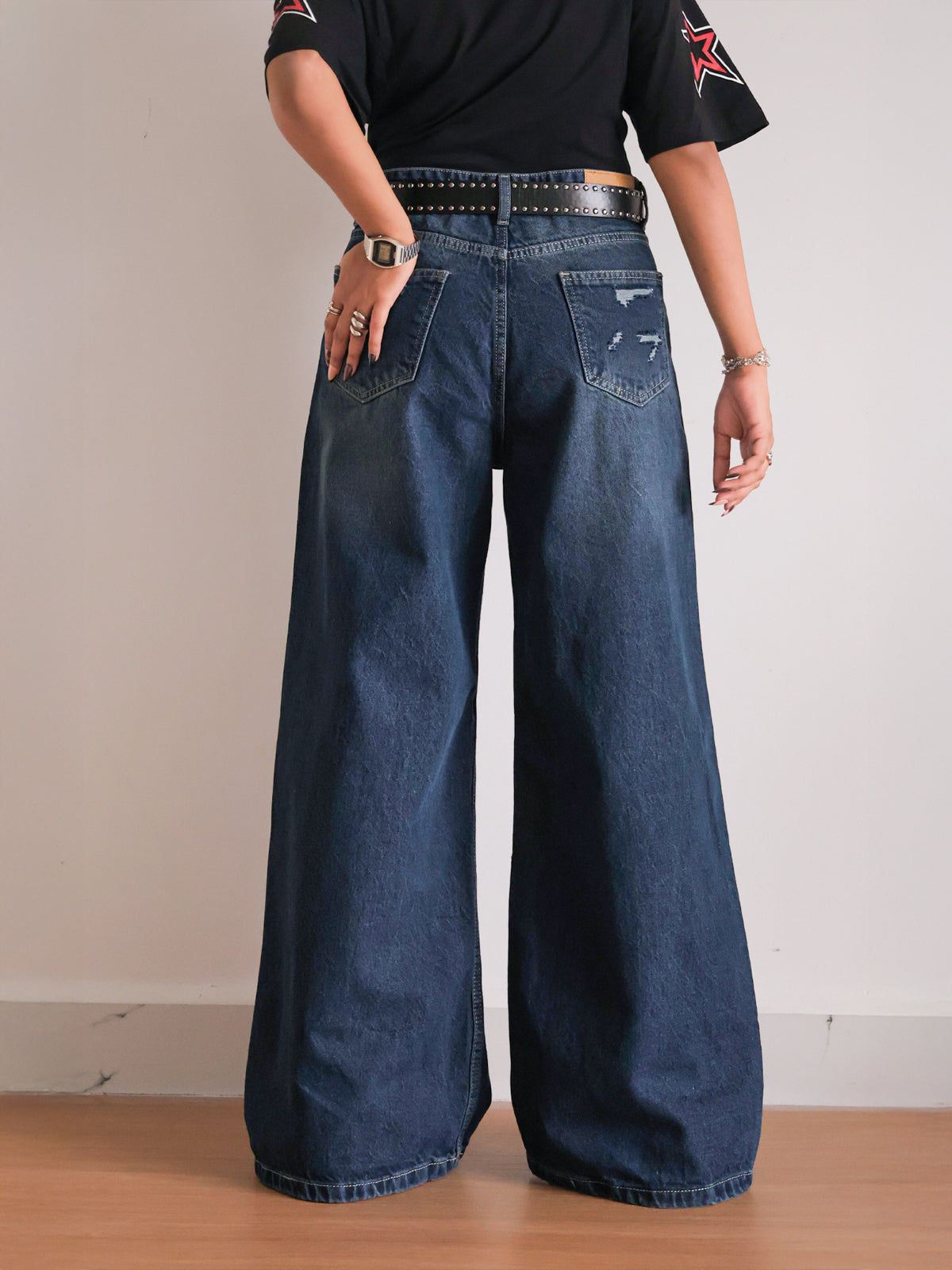 Deep Ocean Blue Ripped Ultra Wide Leg Jeans  