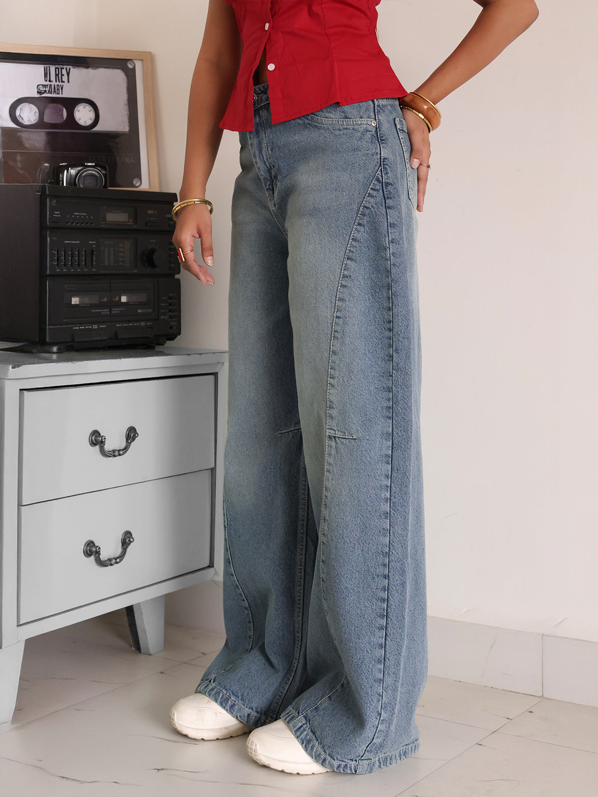 Pastel Blue Washed Panelled Wide Leg Jeans