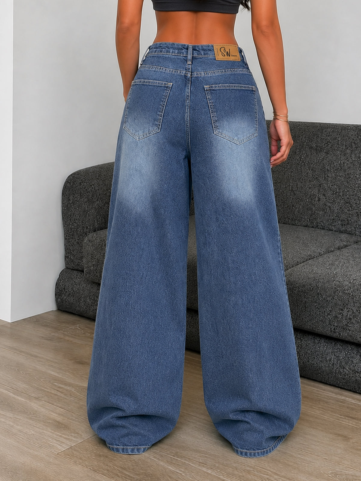 Luxe Drip Blue Washed Stretchable Wide Leg Jeans