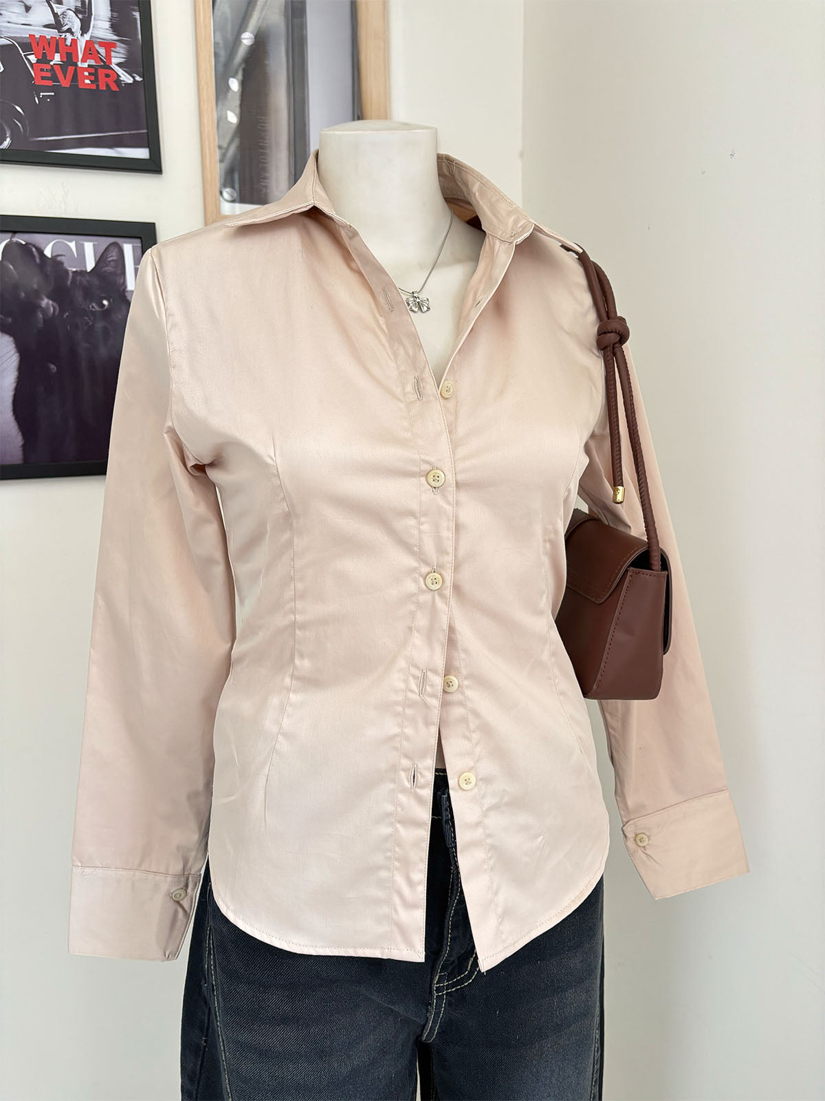 Beige Long Sleeve Y2K Fitted Shirt