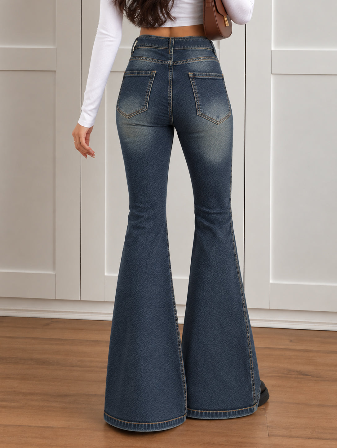 Dusty Navy Blue Belted Bootcut Jeans