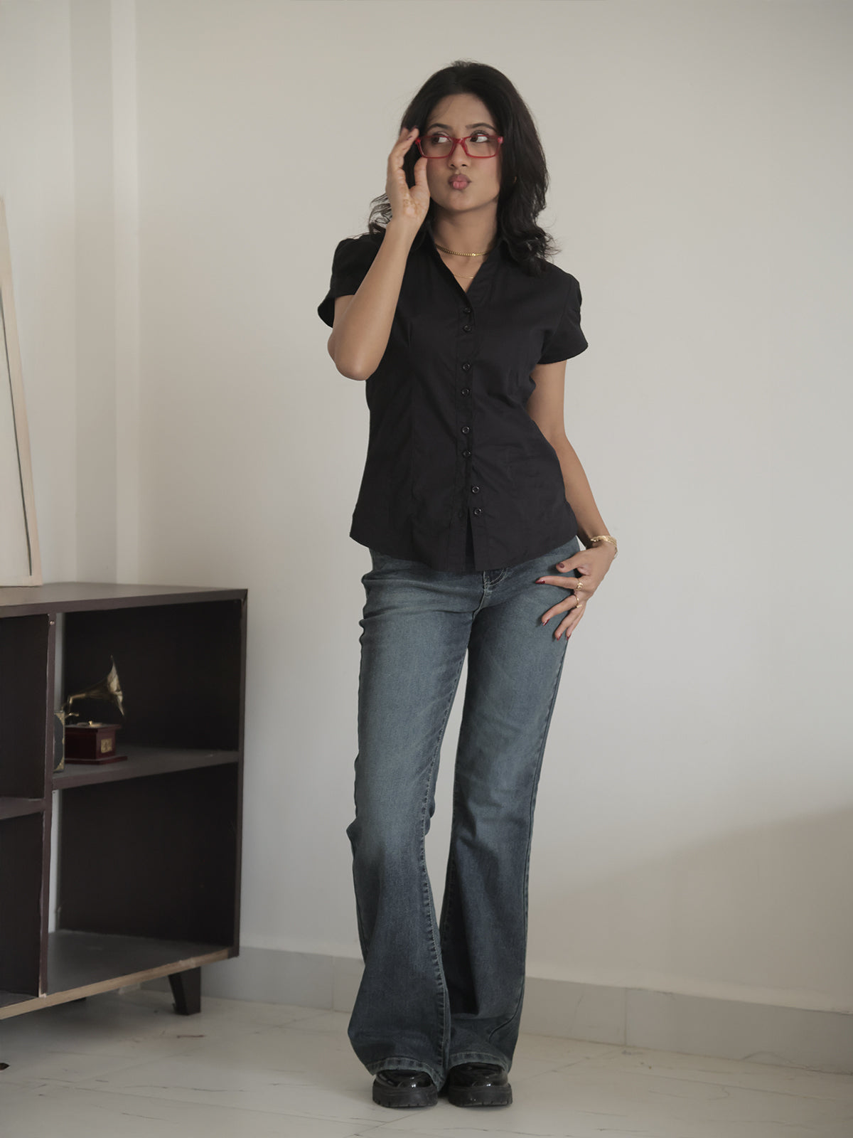 Black Short Sleeve Y2K Fitted Shirt