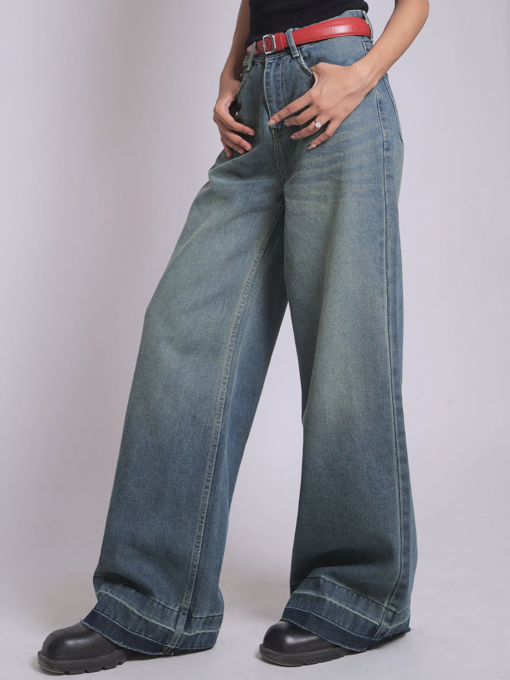 Dusty Aqua Blue Washed Super Wide Leg Jeans