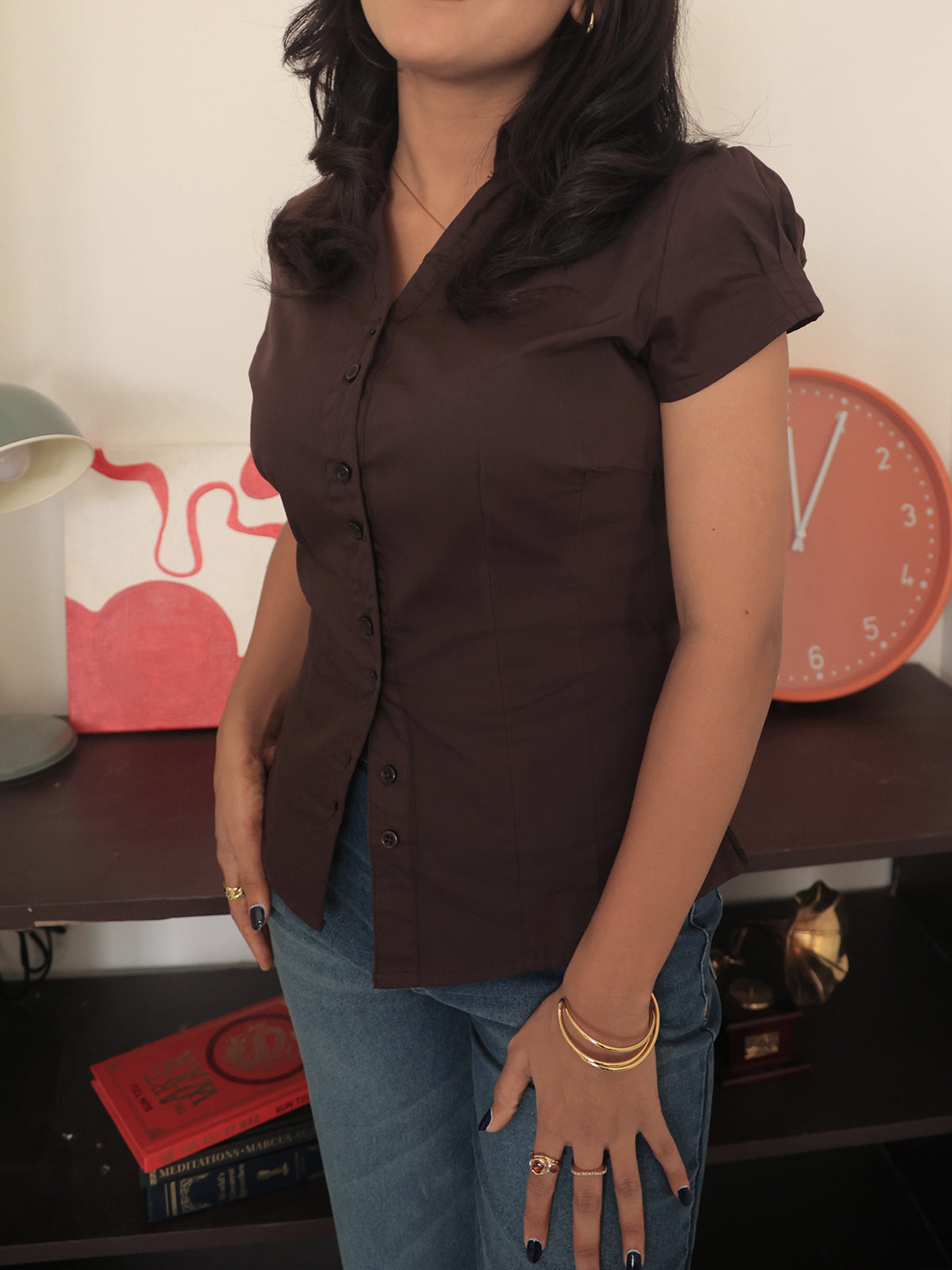 Chocolate Brown Short Sleeve Y2K Fitted Shirt