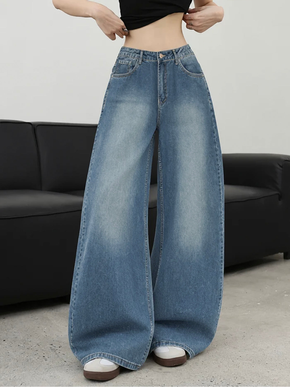 Faded Blue Washed Ultra Wide Leg Jeans