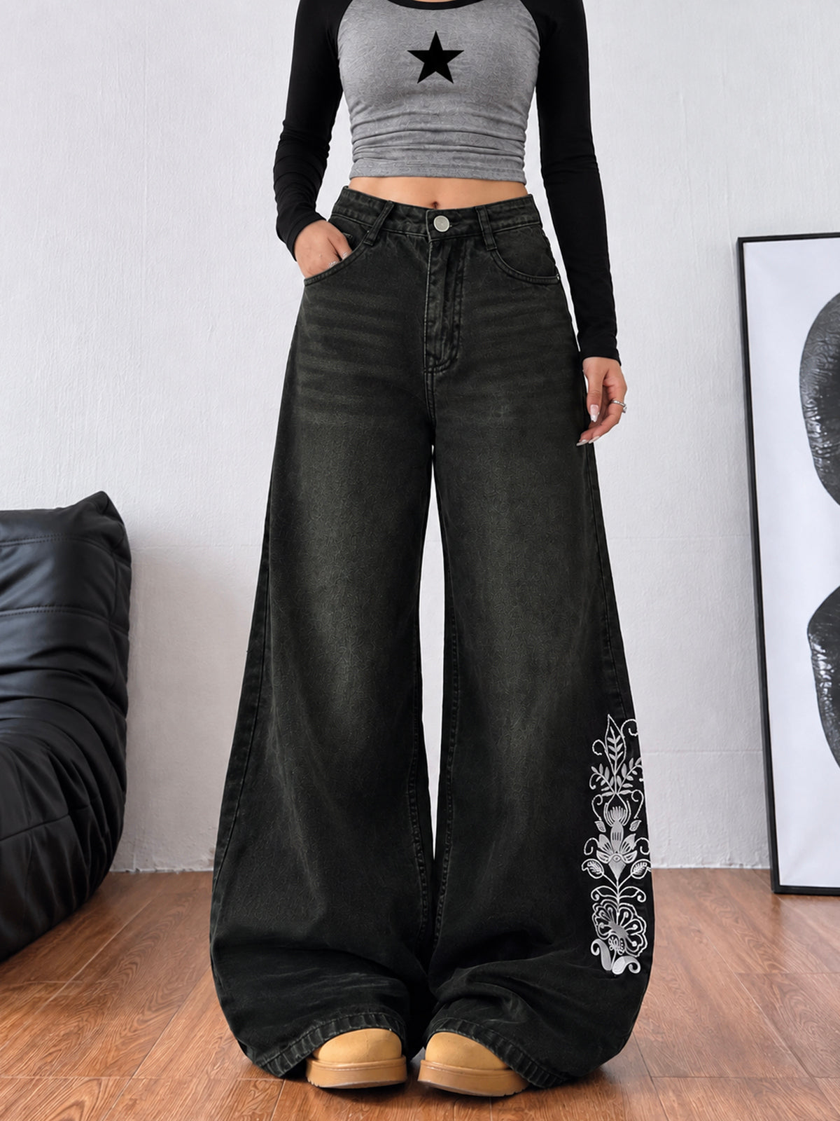 Forest Black Embroidered Wide Leg Jeans