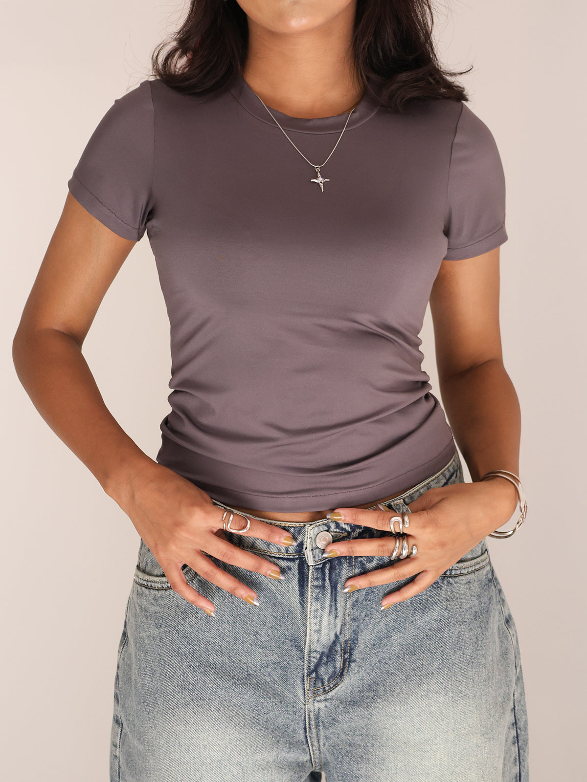 Dark Grey Crew Neck Short Sleeve Slim Fit Top