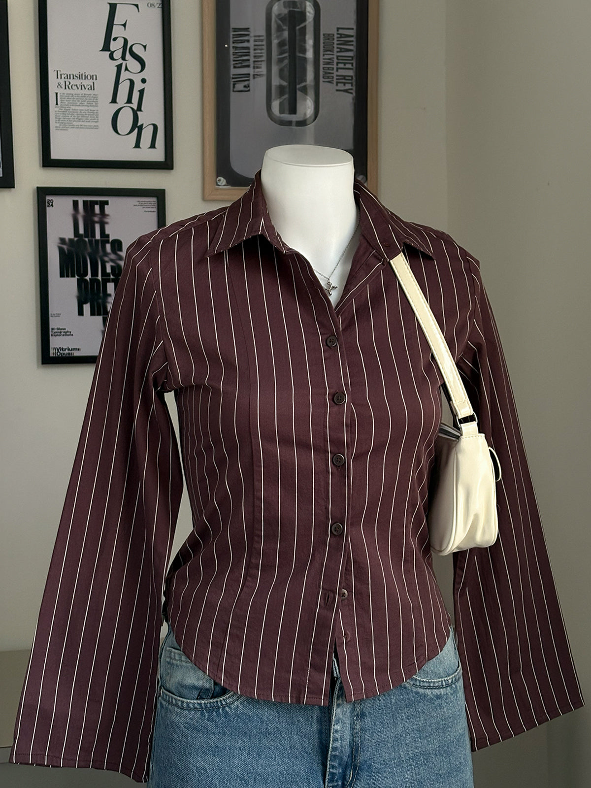 Rose Brown Striped Flared Sleeve Fitted Shirt