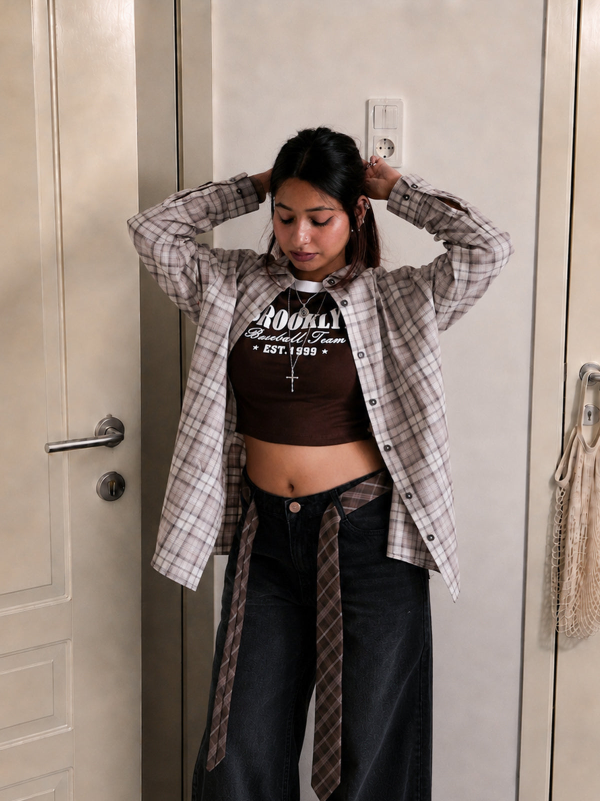 Oatmeal Beige Plaid Oversized Shirt