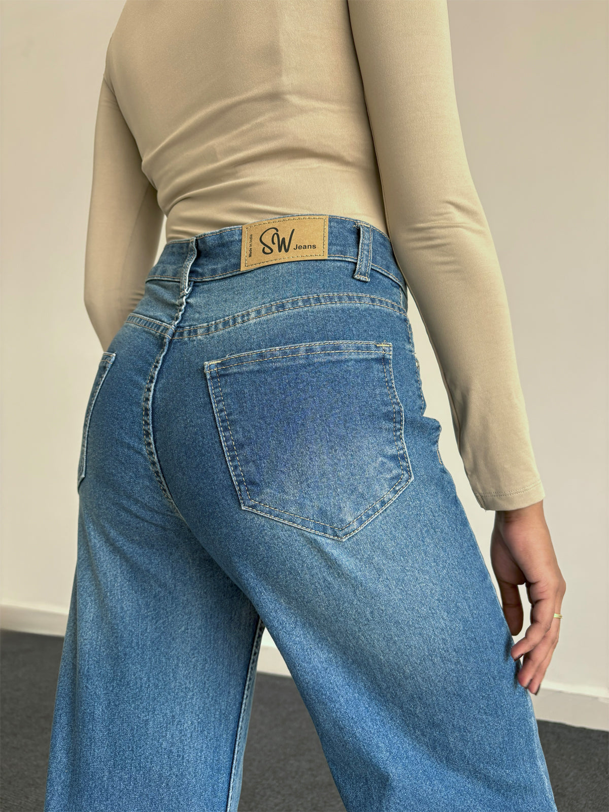 Luxe Vintage Aqua Blue Cat Whisker Stretchable Wide Leg Jeans