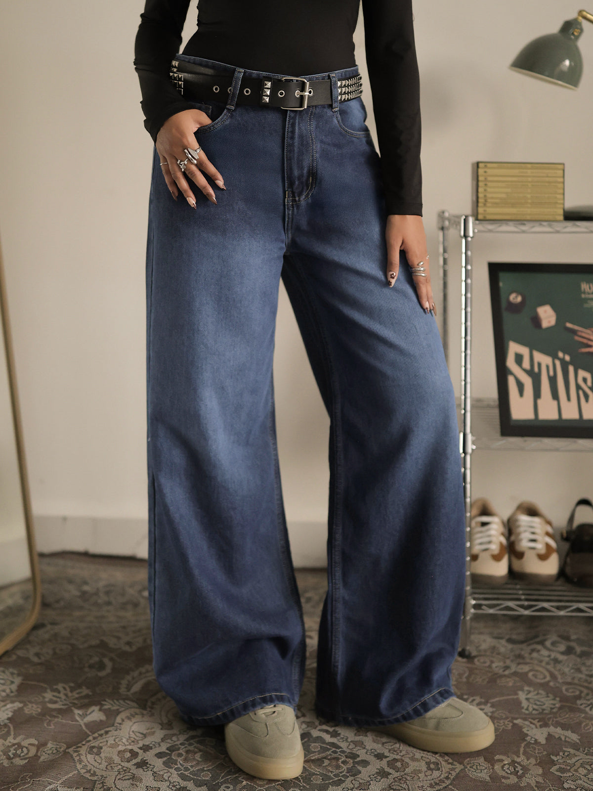 Classic Blue Washed Wide Leg Jeans