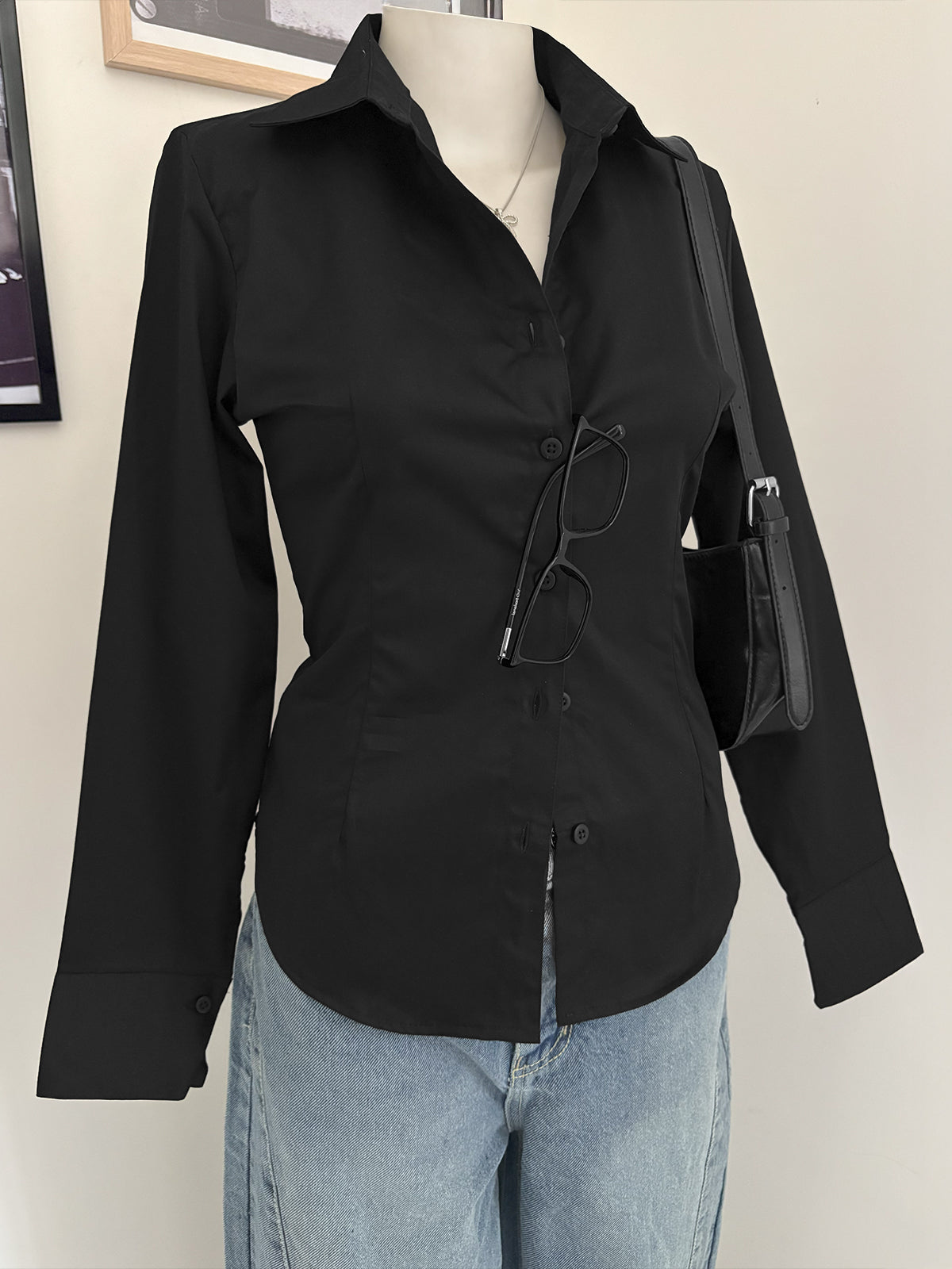 Black Long Sleeve Y2K Fitted Shirt