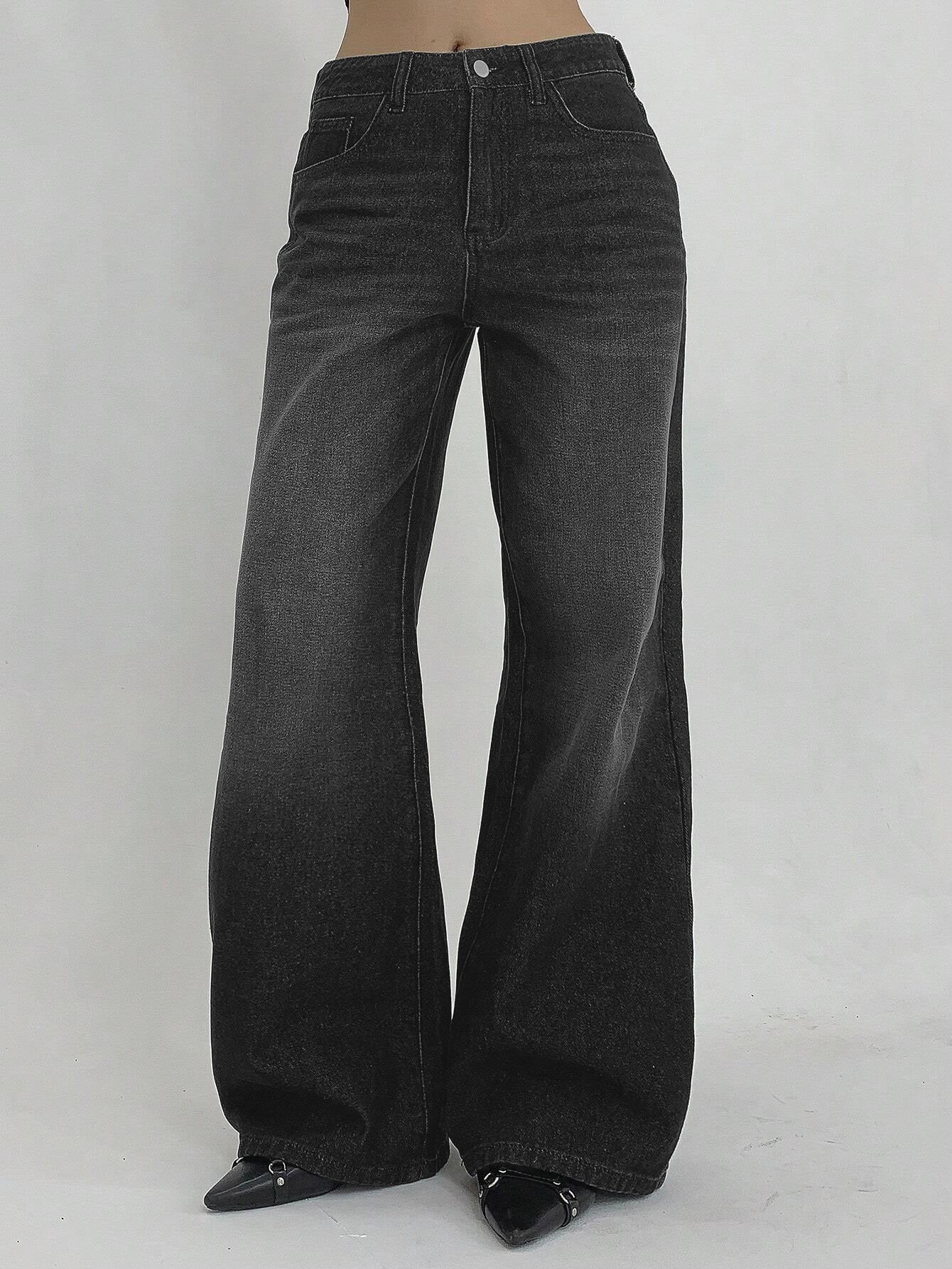 Space Black Washed Low Waist Wide Leg Jeans