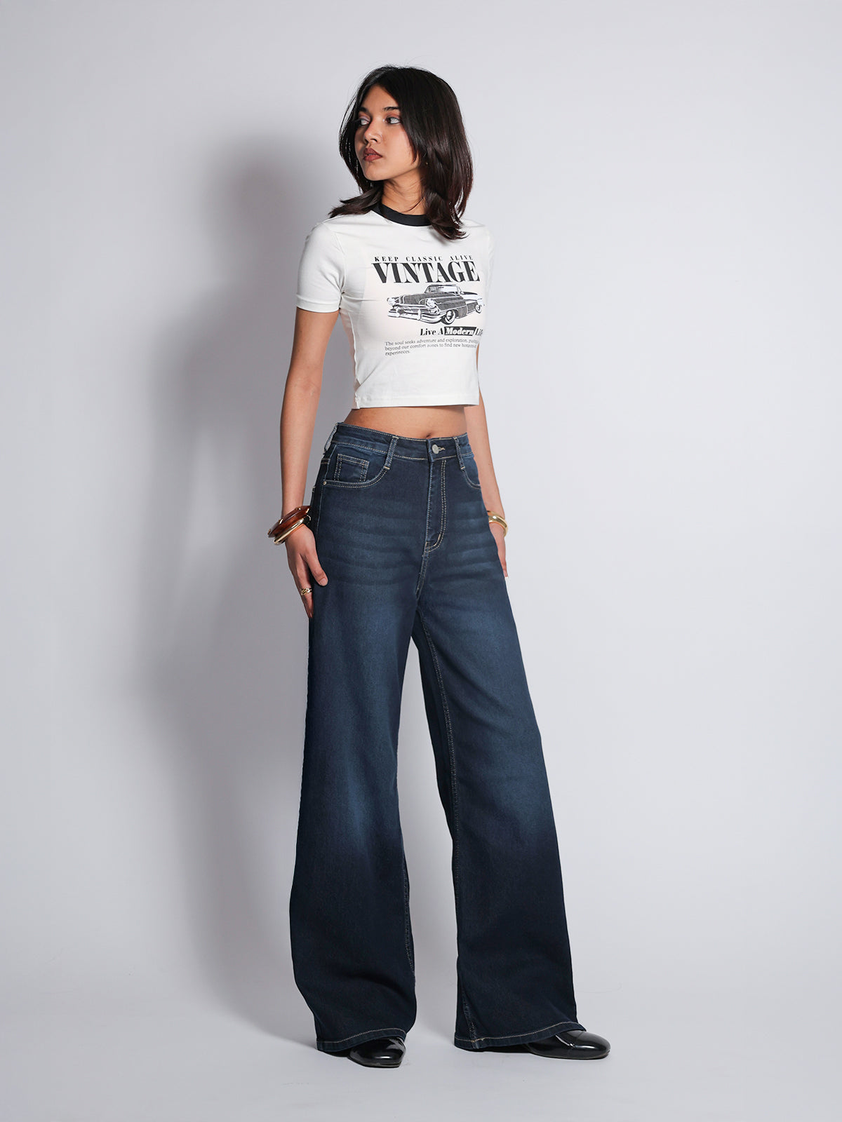 Luxe Premium Dark Blue Washed Stretchable Wide Leg Jeans