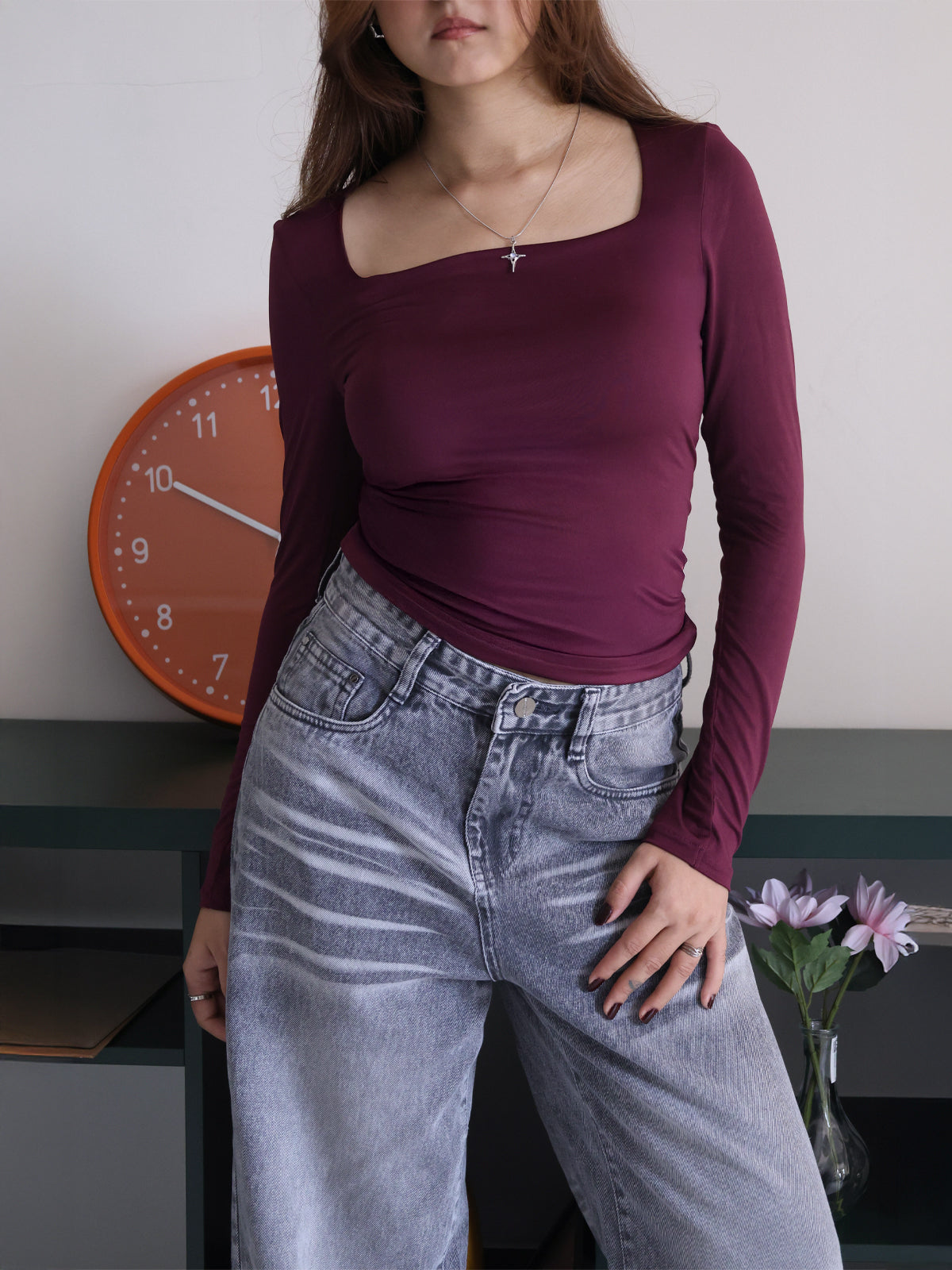 Plum Square Neck Long Sleeve Slim Fit Top