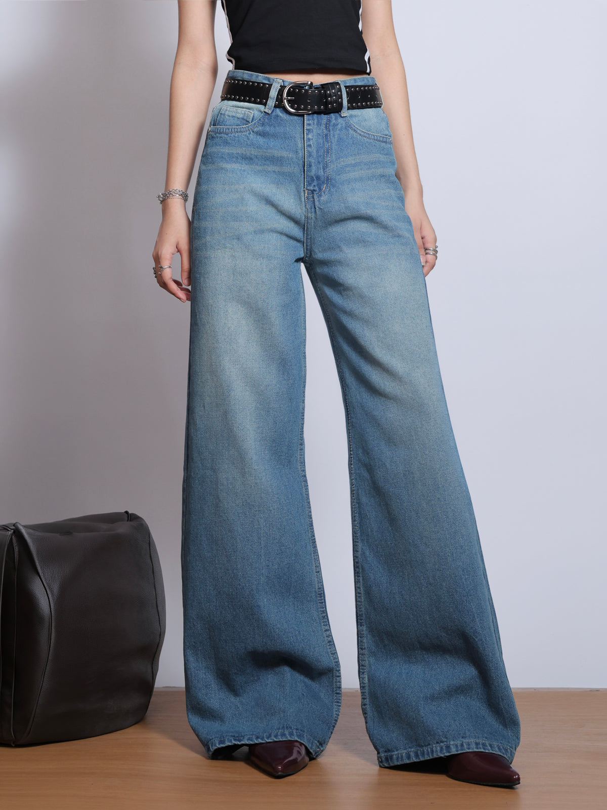 Aqua Blue Vintage Washed Super Wide Leg Jeans 