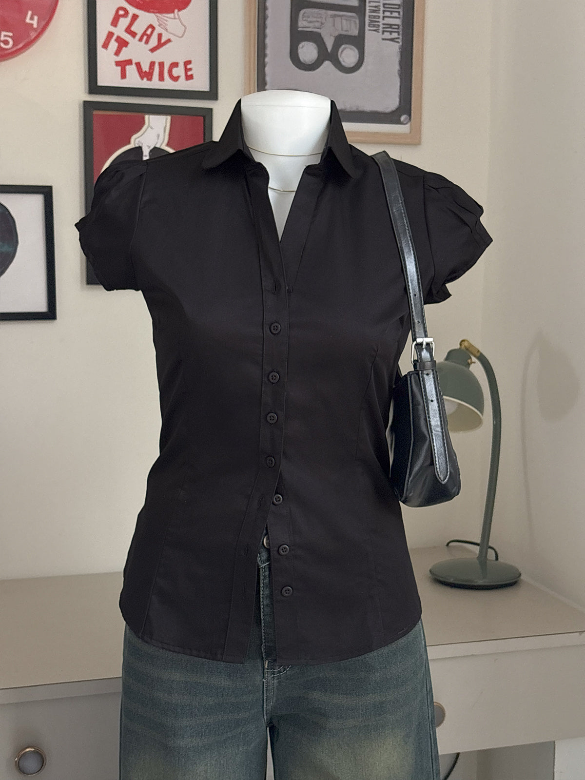 Black Short Sleeve Y2K Fitted Shirt