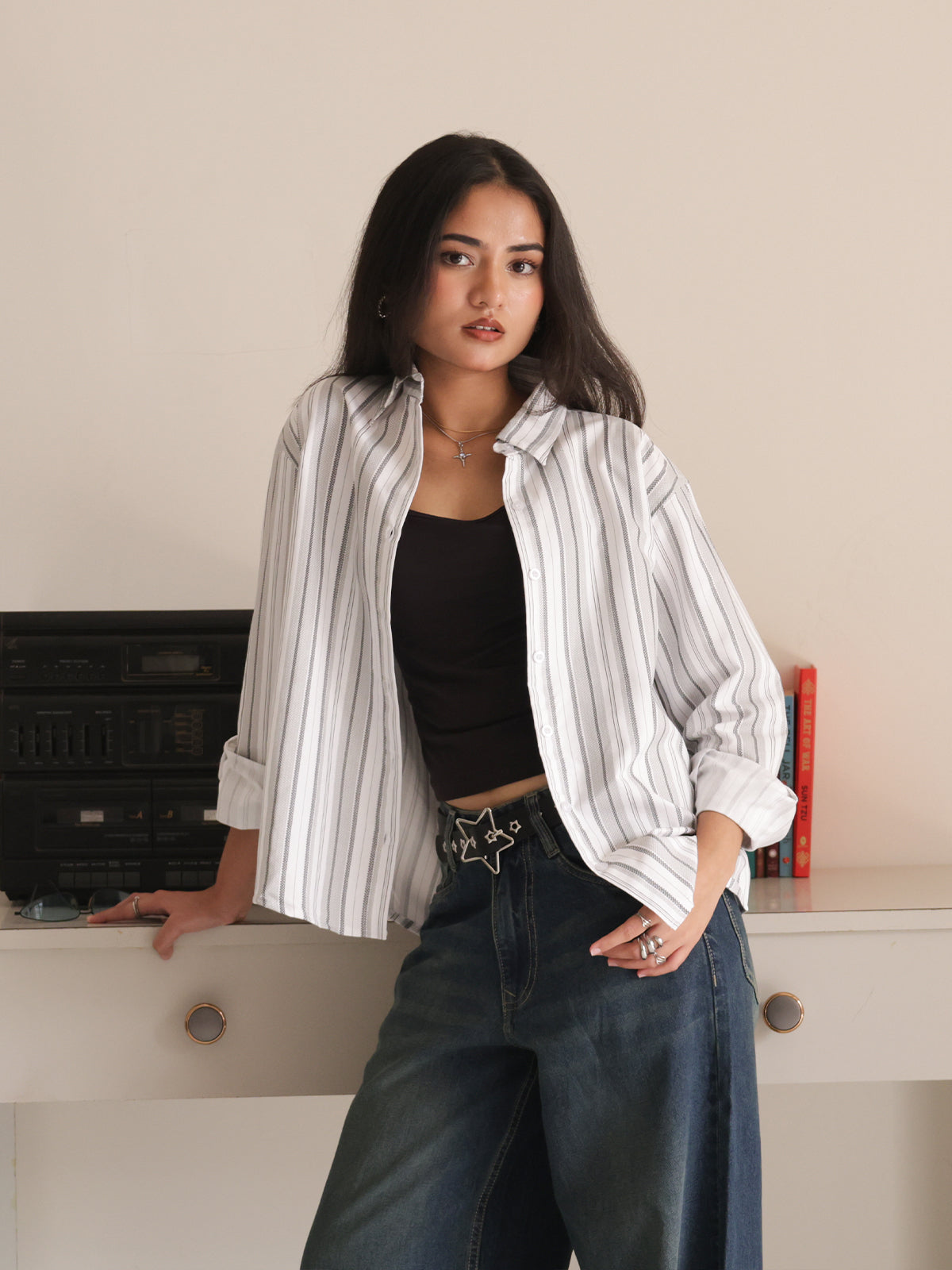 White & Grey Striped Dad Fit Shirt