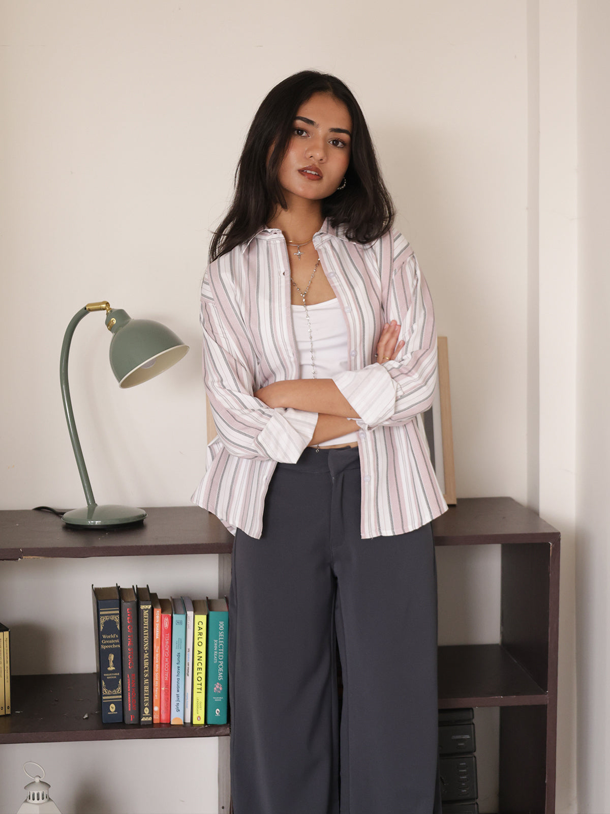 White & Pink Striped Dad Fit Shirt