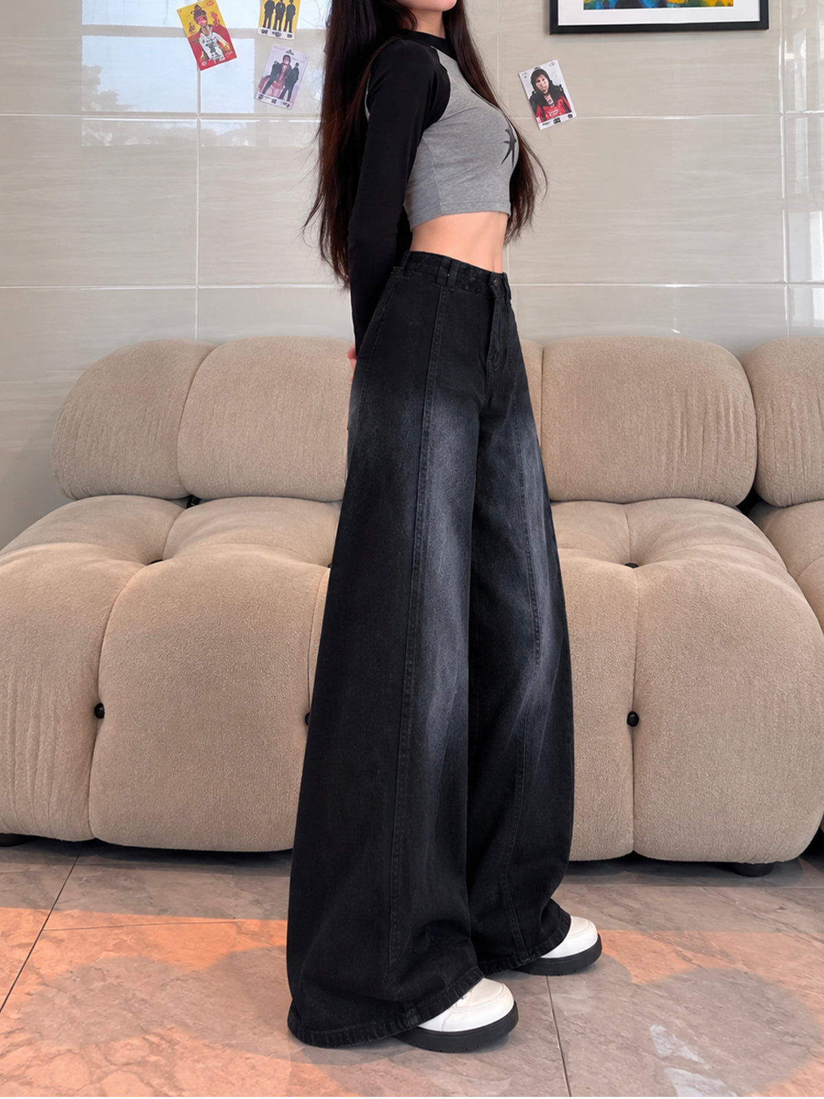 Alaska Black Panelled Super Wide Leg Jeans