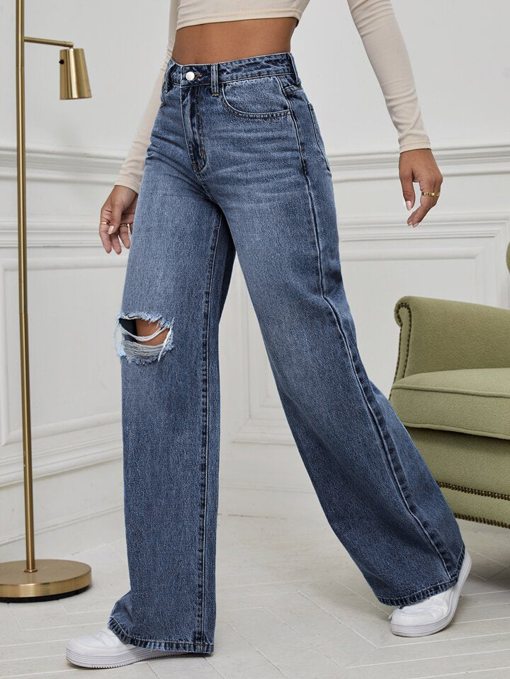 Marine Blue Whisker Distressed Super Wide Leg Jeans
