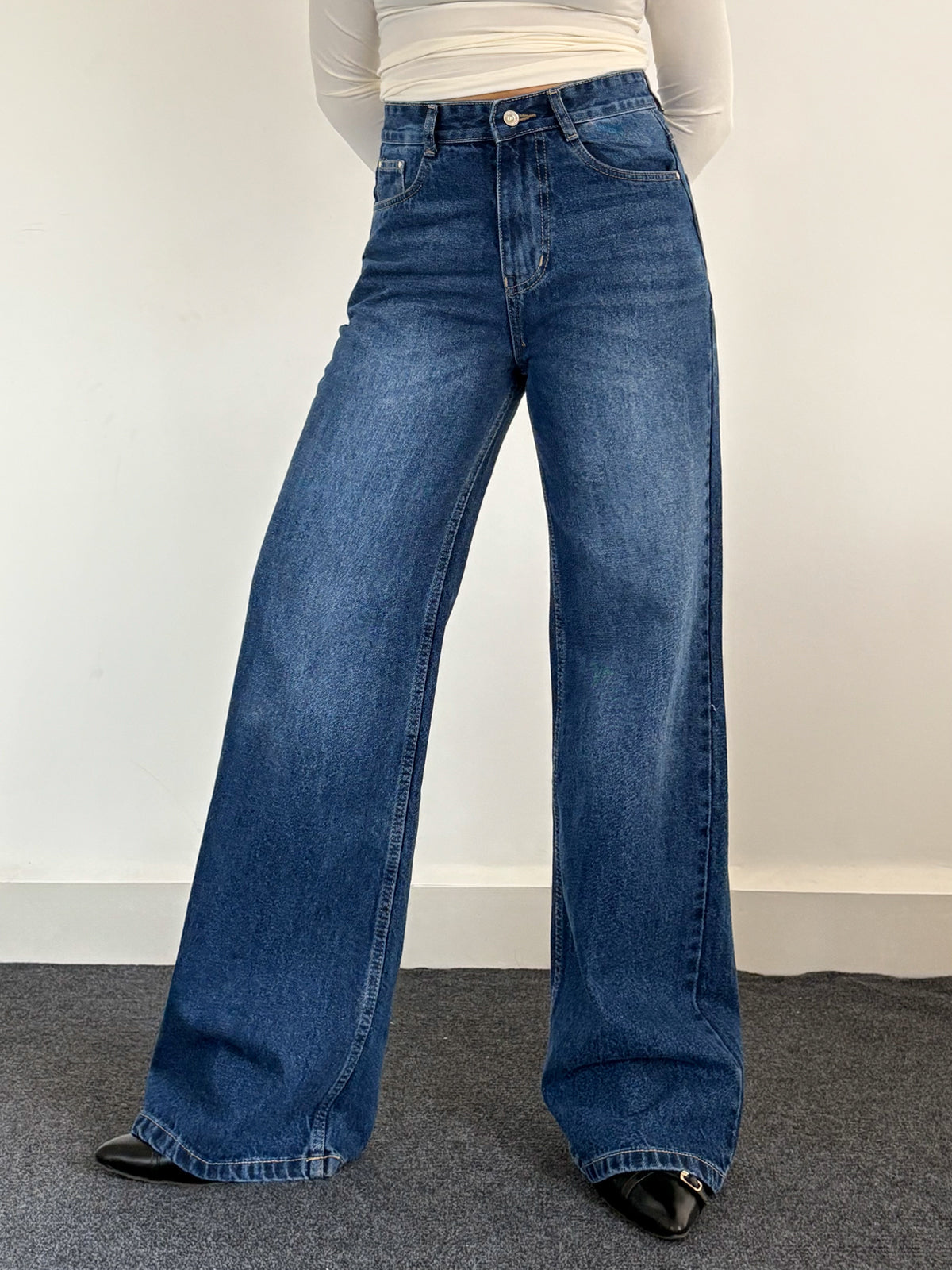 90'S Midnight Blue Whisker Super Wide Leg Jeans