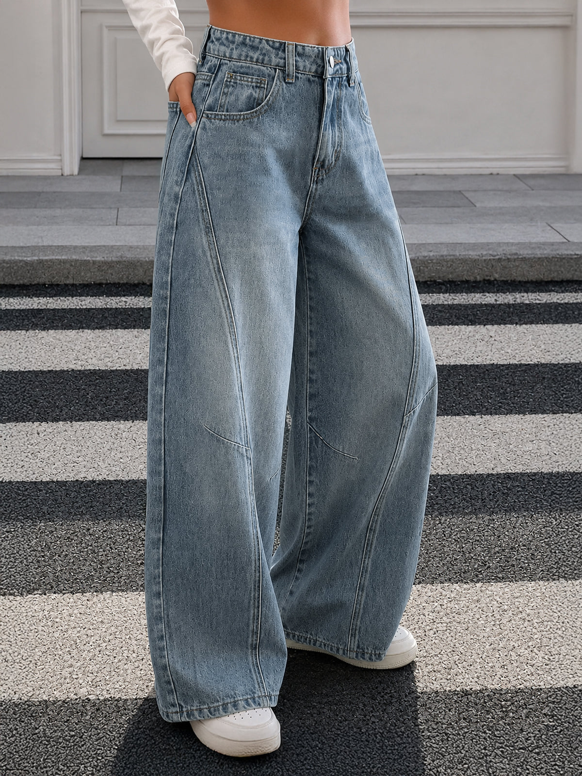Faded Denim Blue Panelled Wide Leg Jeans