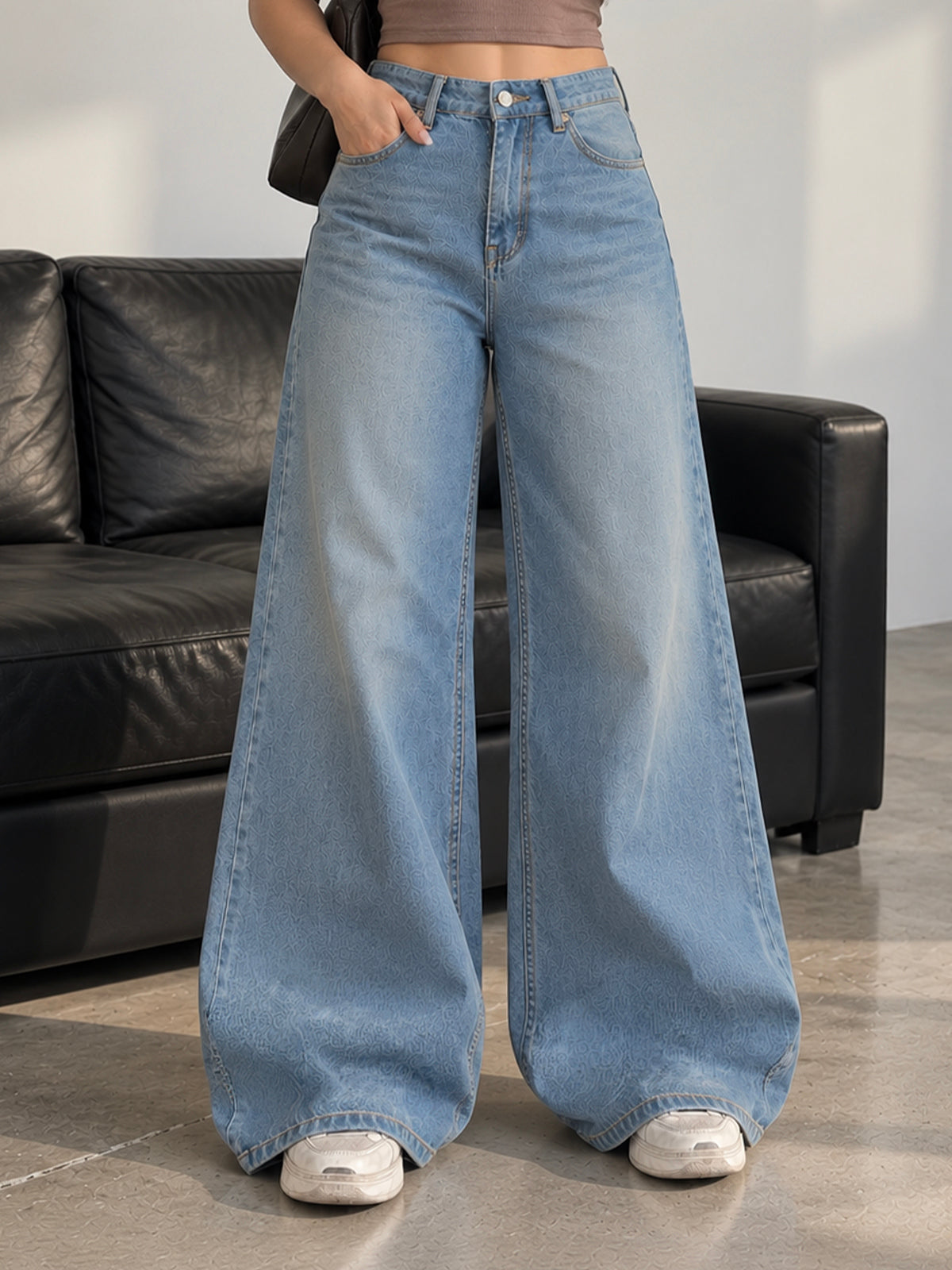 Faded Blue Washed Ultra Wide Leg Jeans