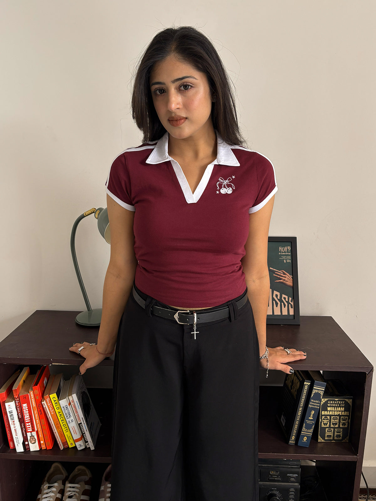 Deep Cherry Contrast Detail Embroidered Polo Tee