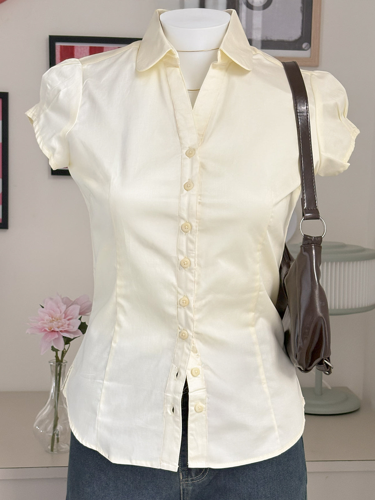 Butter Yellow Short Sleeve Y2K Fitted Shirt