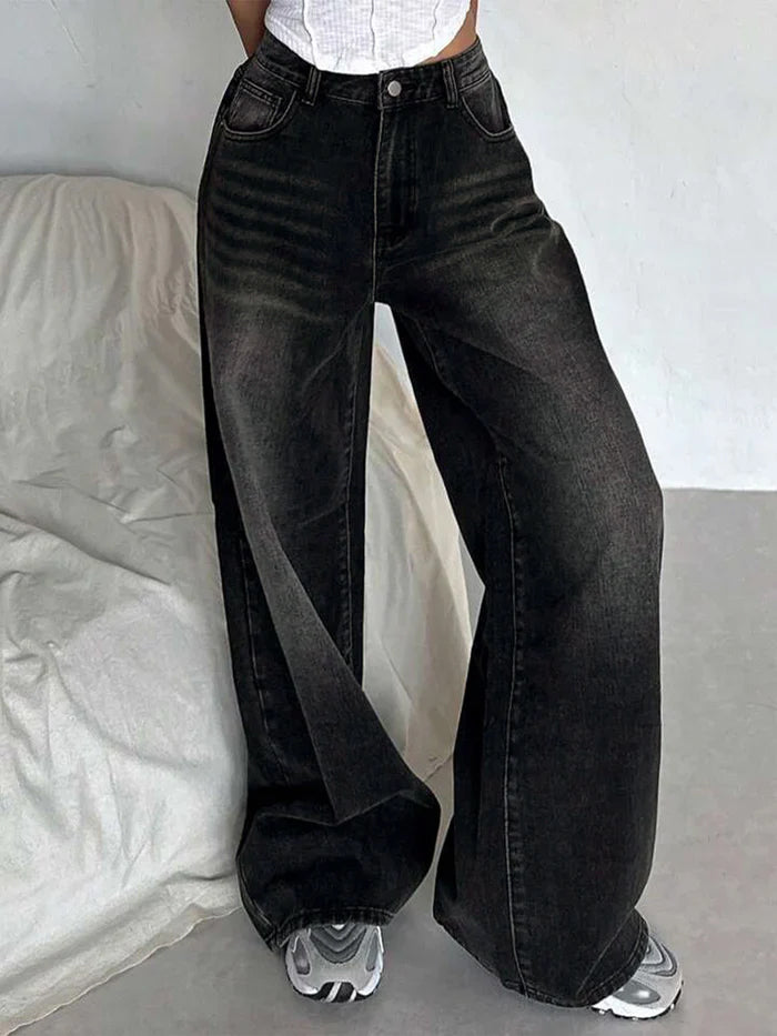 Retro Black Washed Super Wide Leg Jeans