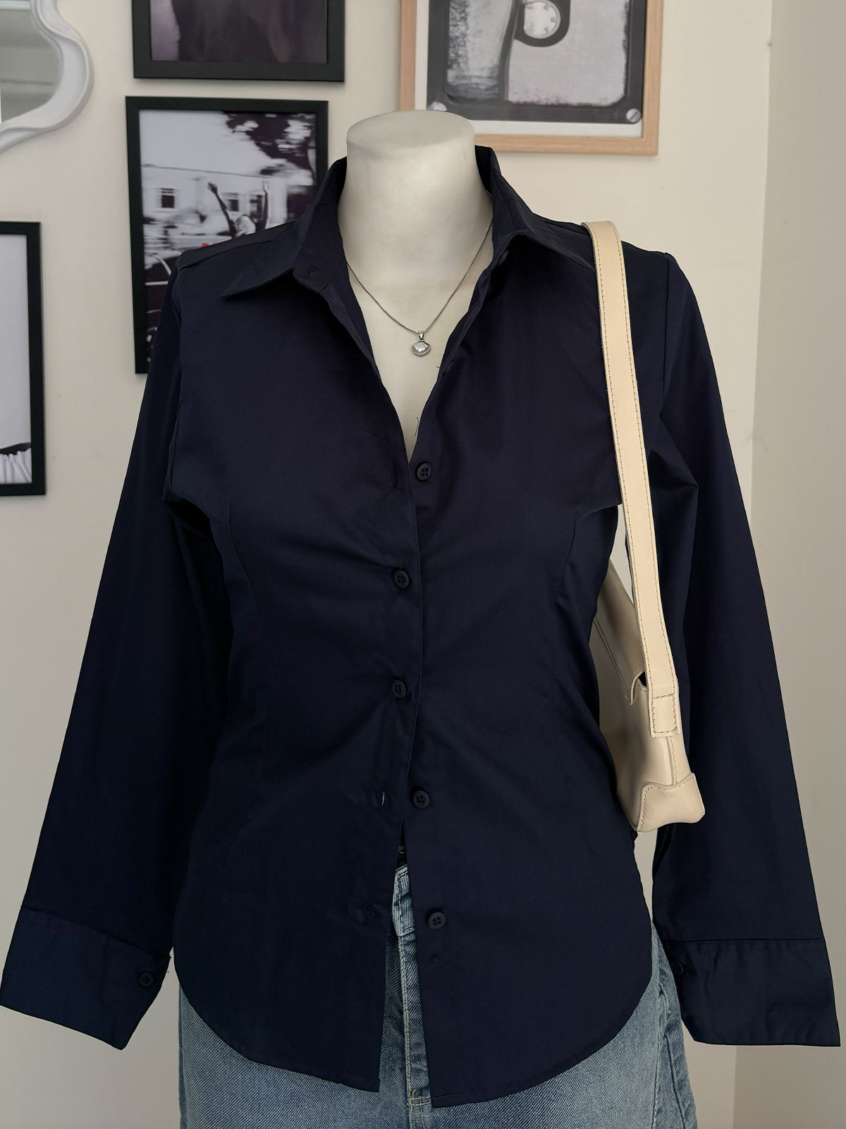 Navy Long Sleeve Y2K Fitted Shirt