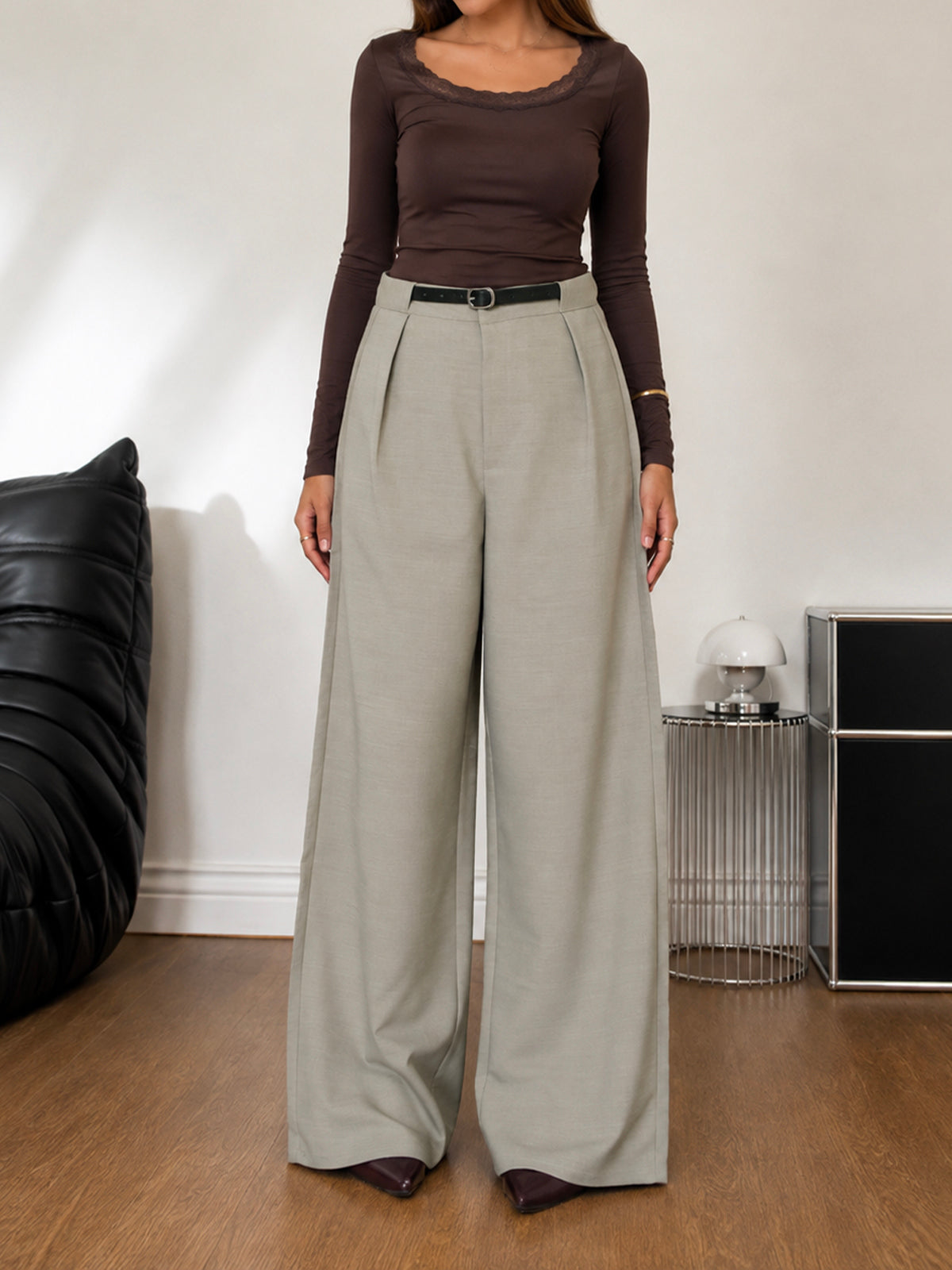 Soft Sage Belted Korean Pant