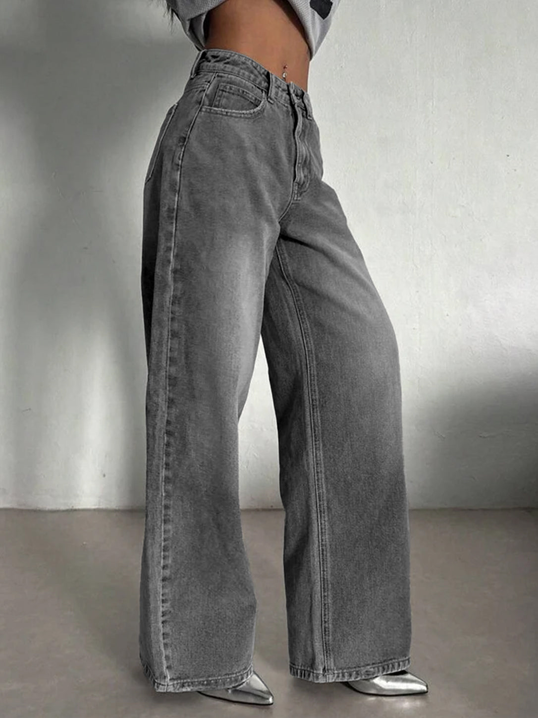 Comet Grey Washed Wide Leg Jeans