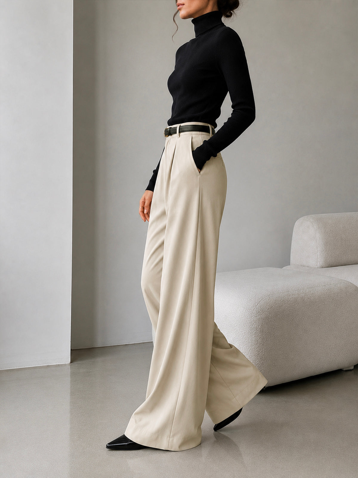 Vanilla Beige Pleated Wide Leg Korean Pants