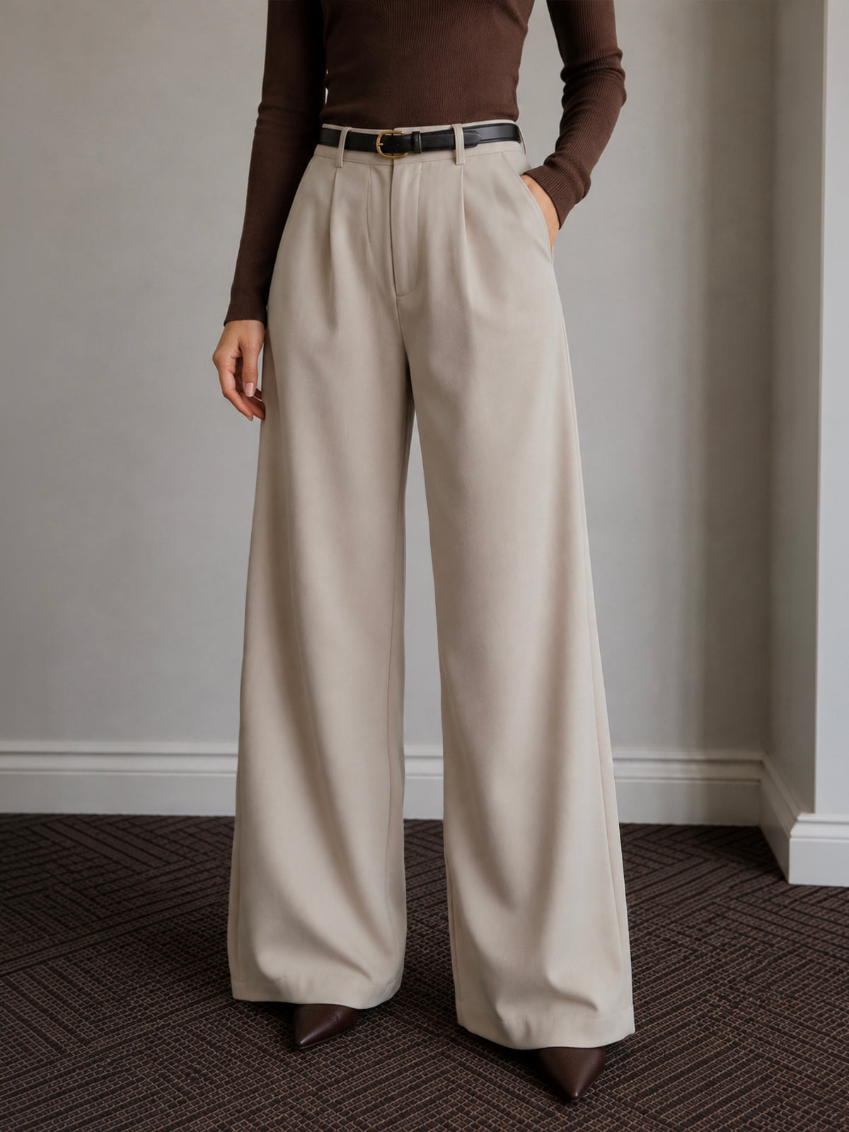 Muted Beige Pleated Wide Leg Korean Pants