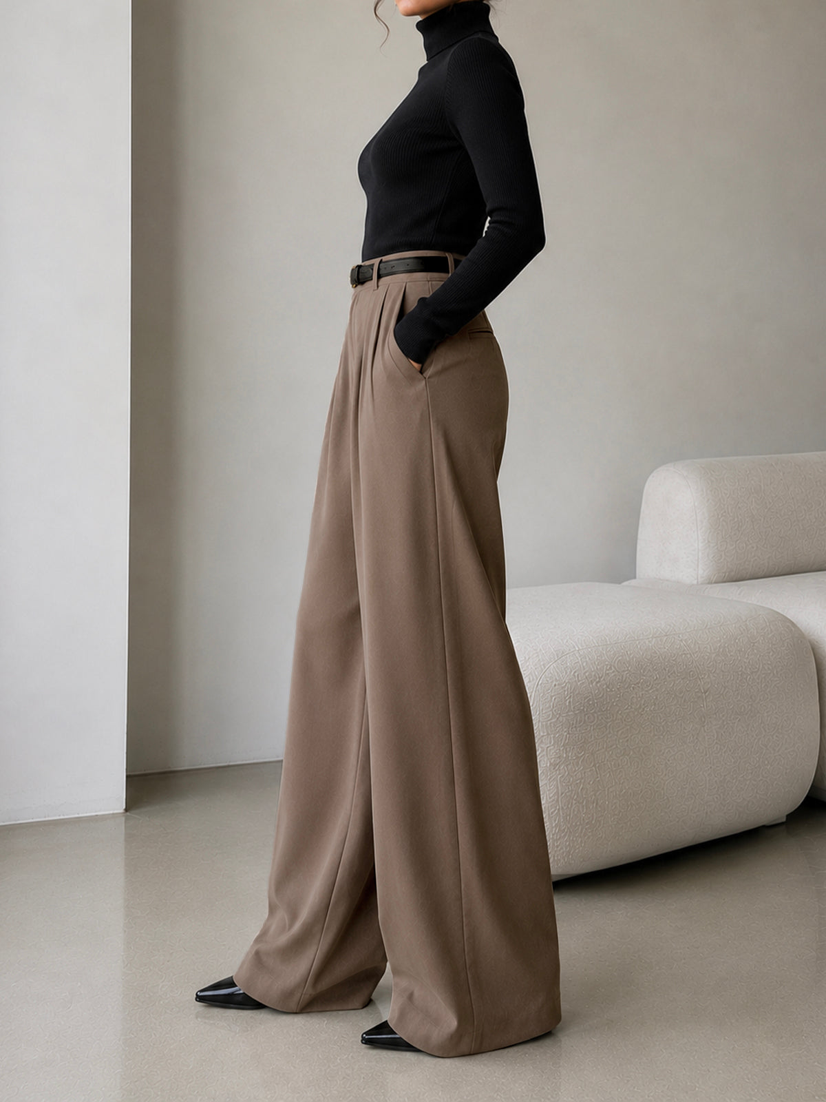 Latte Brown Pleated Wide Leg Korean Pants